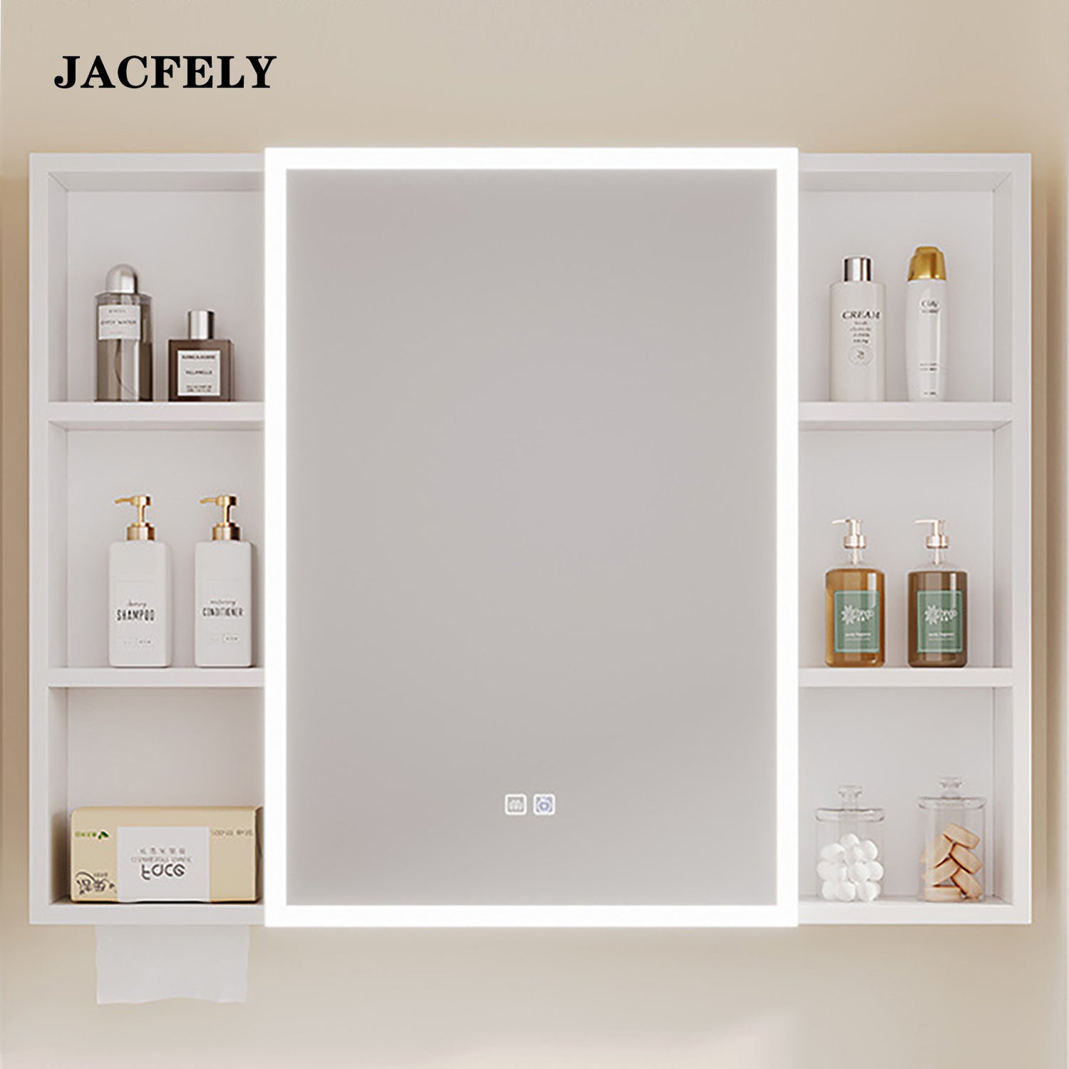 JACFELY Smart LED Bathroom Mirror Cabinet, Seamless Aluminum Wall-Mounted  Cabinet with Anti-Fog Touch Control and Storage Shelves