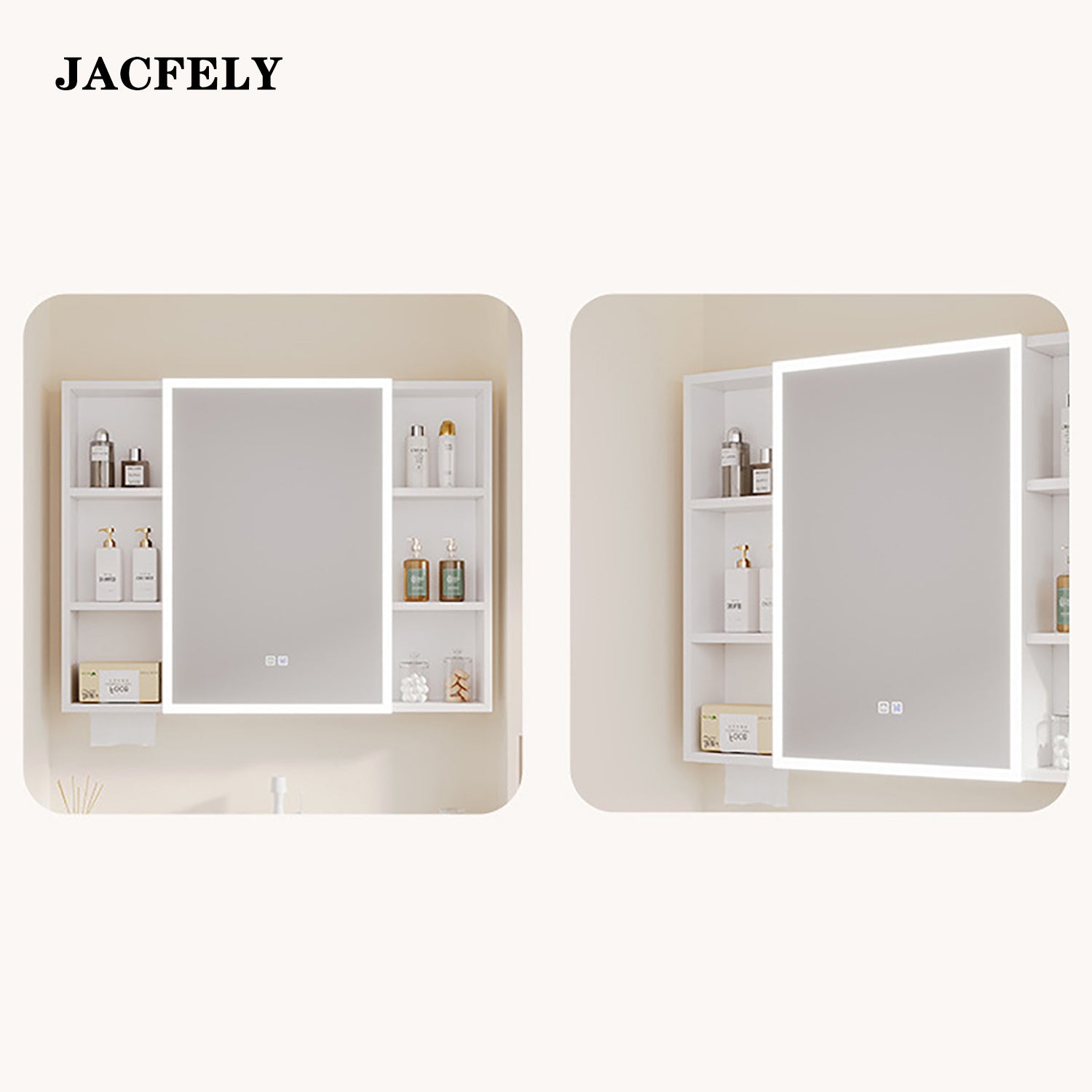 JACFELY Smart LED Bathroom Mirror Cabinet, Seamless Aluminum Wall-Mounted  Cabinet with Anti-Fog Touch Control and Storage Shelves