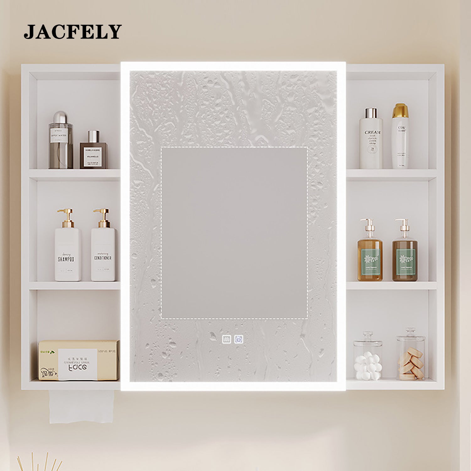 JACFELY Smart LED Bathroom Mirror Cabinet, Seamless Aluminum Wall-Mounted  Cabinet with Anti-Fog Touch Control and Storage Shelves