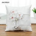 JACFELY Wedding Ring Pillow, White Floral Ring Bearer Pillow with Artificial Flowers