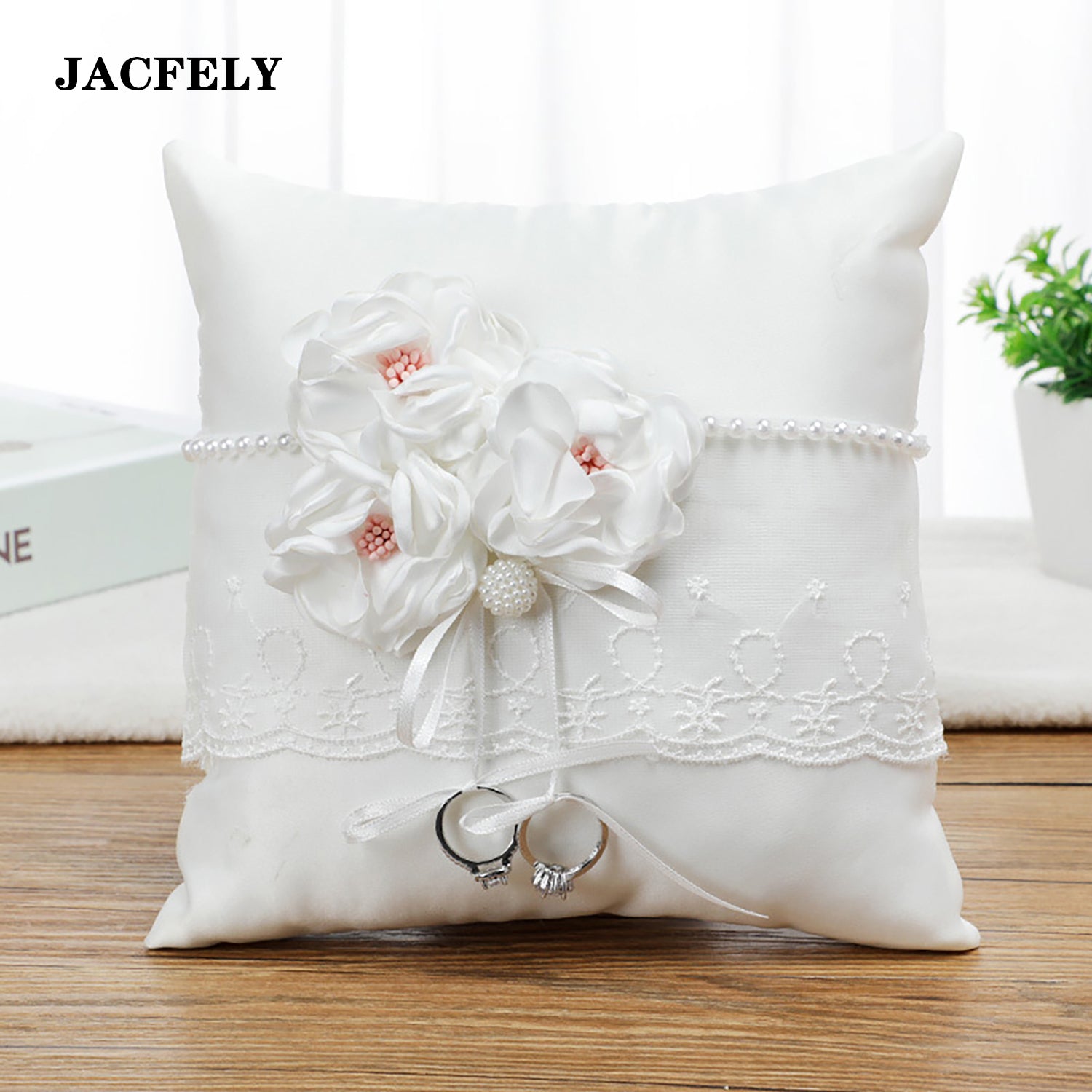 JACFELY Wedding Ring Pillow, White Floral Ring Bearer Pillow with Artificial Flowers