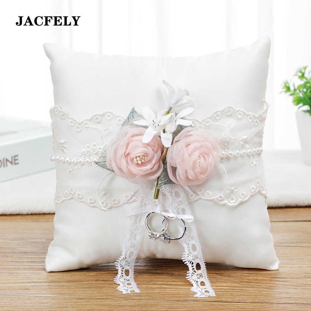 JACFELY Wedding Ring Pillow, White Floral Ring Bearer Pillow with Artificial Flowers