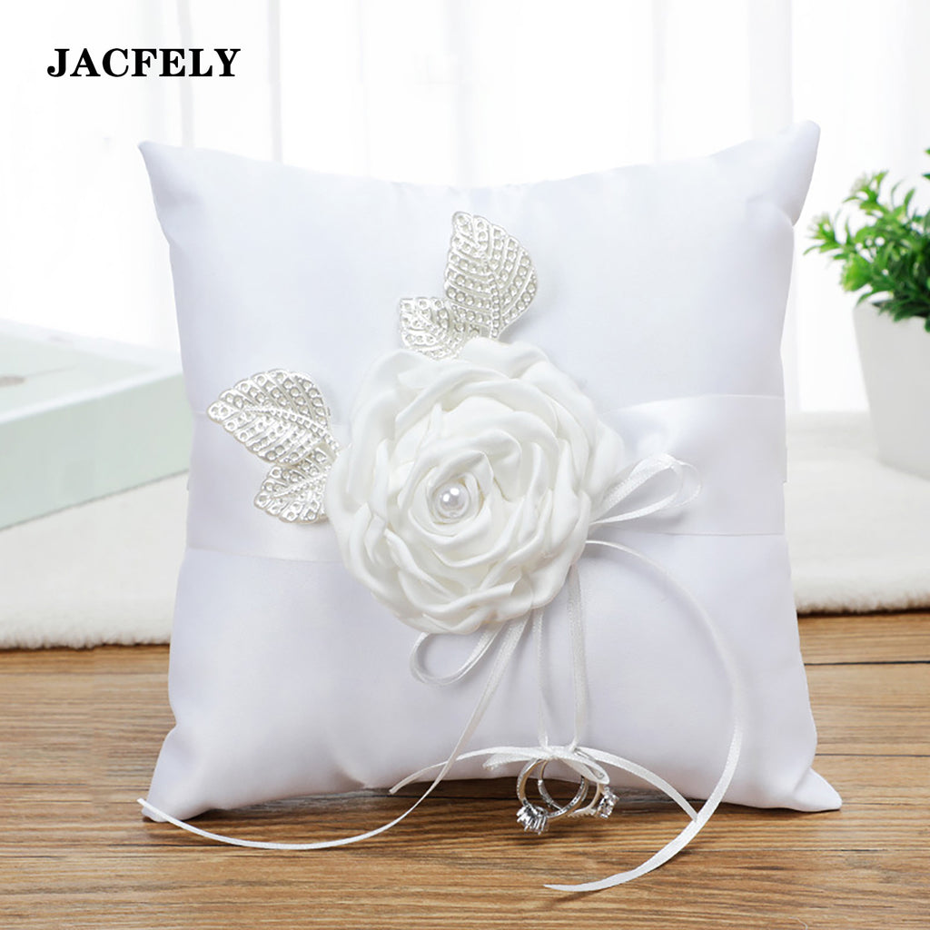 JACFELY Wedding Ring Pillow, White Floral Ring Bearer Pillow with Artificial Flowers