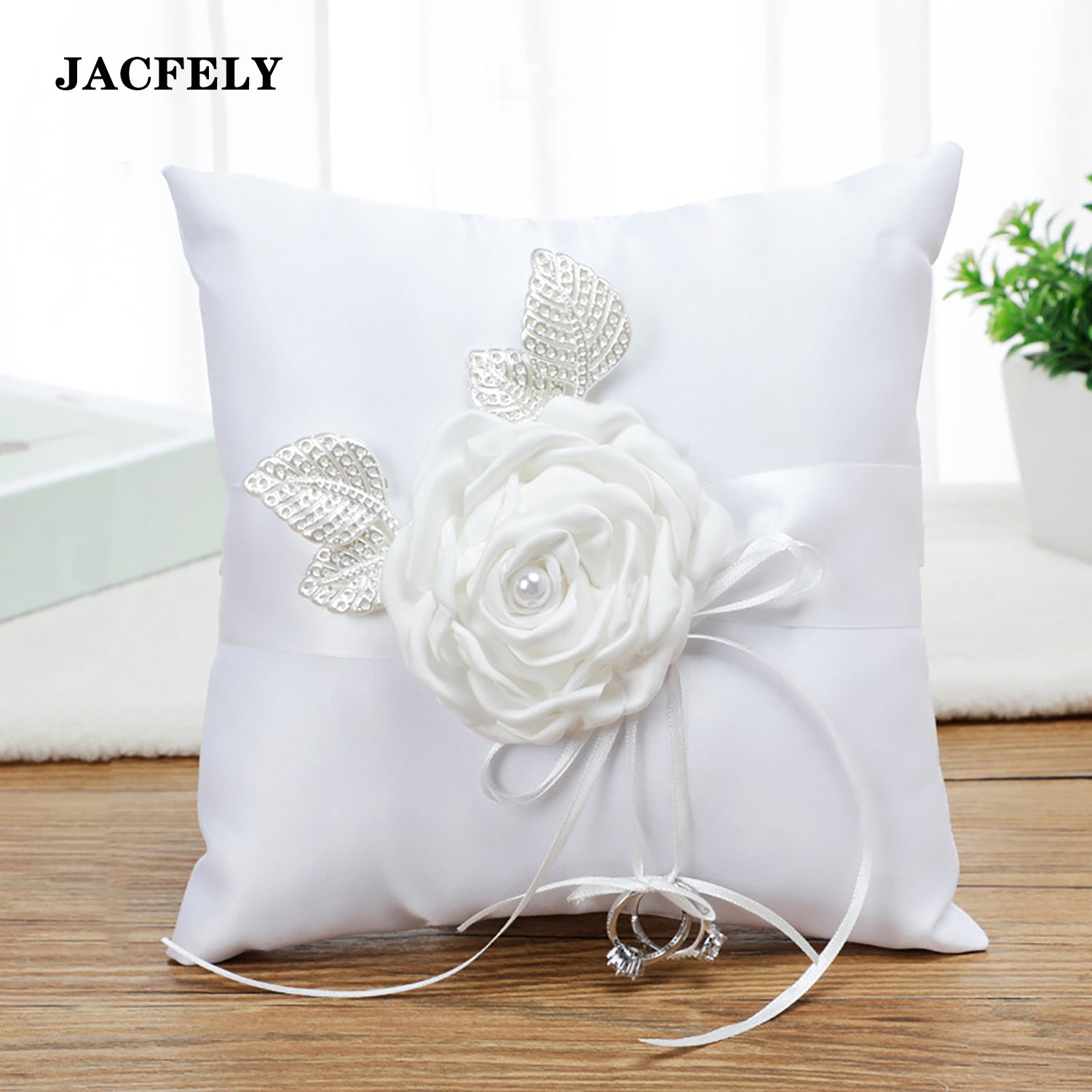 JACFELY Wedding Ring Pillow, White Floral Ring Bearer Pillow with Artificial Flowers