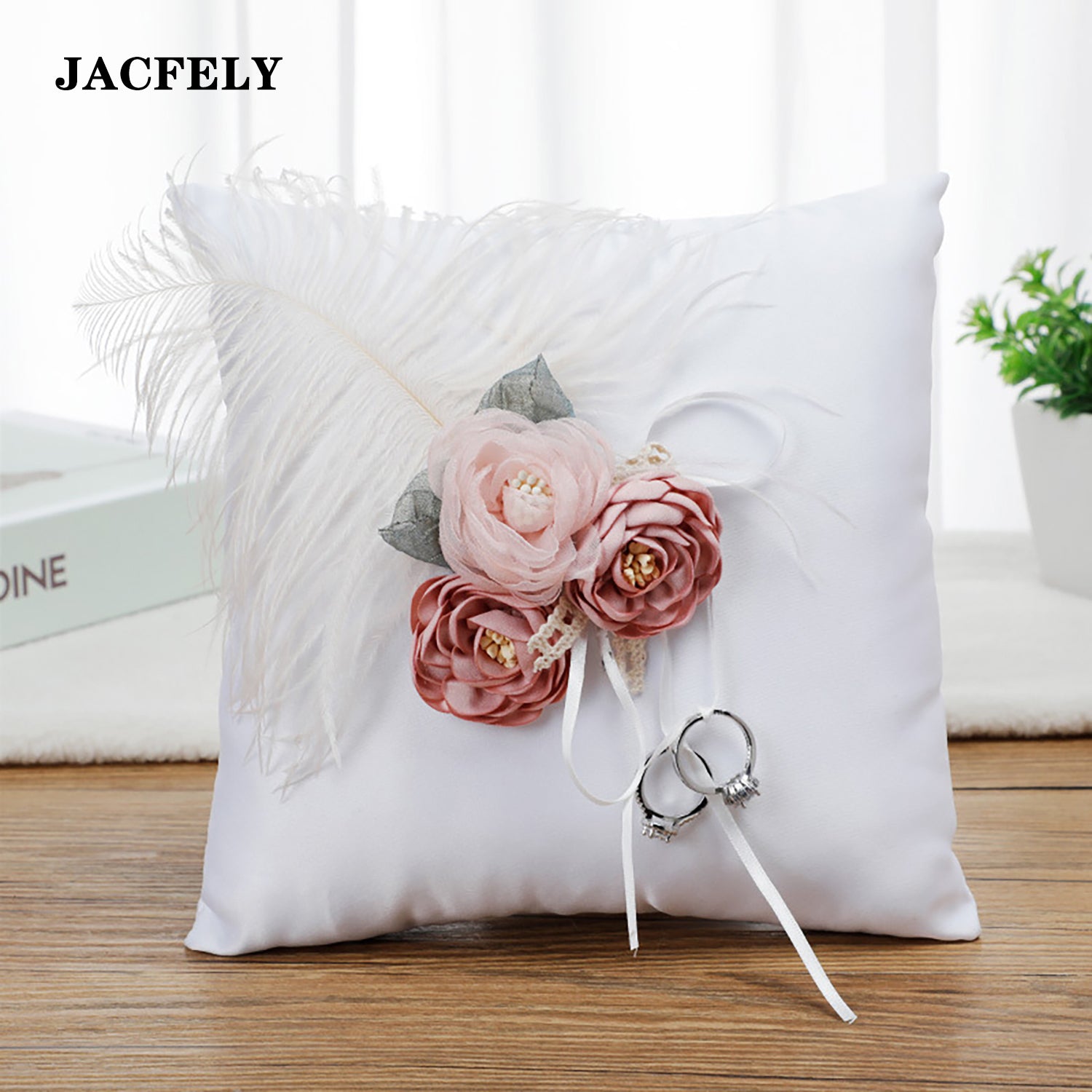 JACFELY Wedding Ring Pillow, White Floral Ring Bearer Pillow with Artificial Flowers