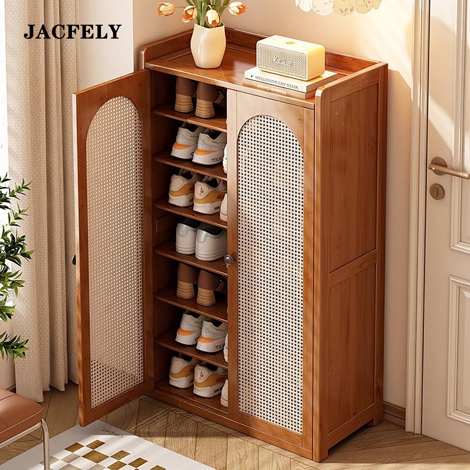 JACFELY Shoe Cabinet, Narrow Freestanding Shoe Storage Cabinet, Multi-Tier Entryway Shoe Organizer with Ventilated Doors