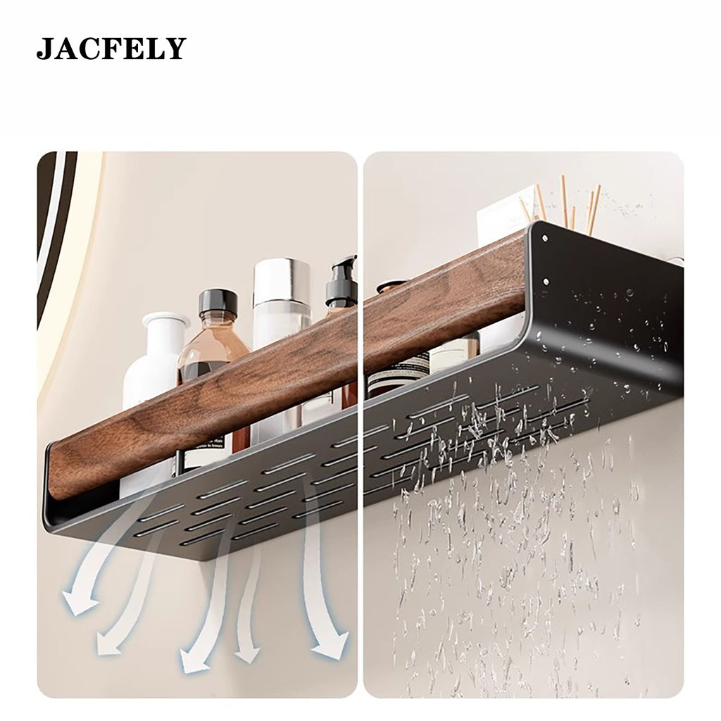 JACFELY No-Drill Walnut Finish Bathroom Shelf, Wall Mounted Storage Rack