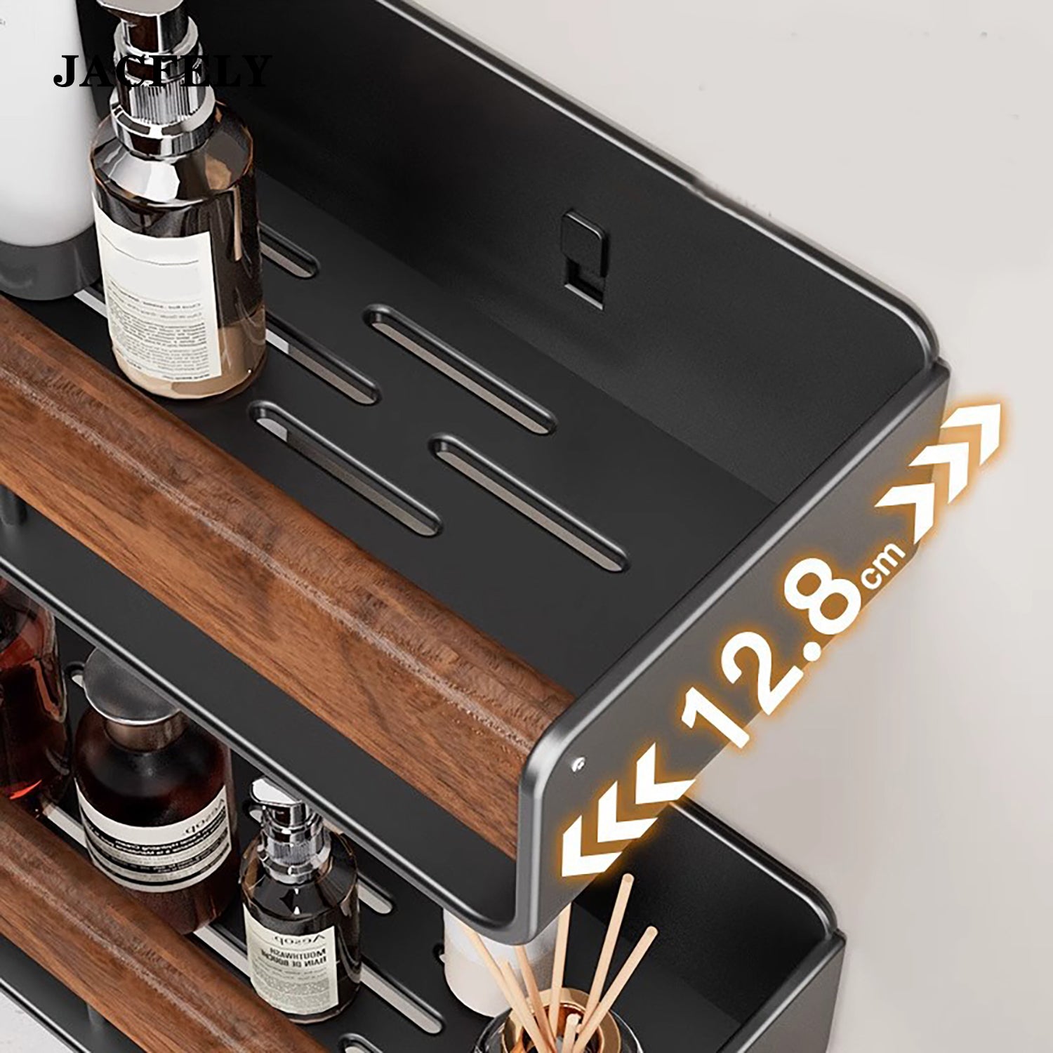 JACFELY No-Drill Walnut Finish Bathroom Shelf, Wall Mounted Storage Rack