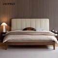 JACFELY Black Walnut Solid Wood King Size Bed, Modern Minimalist Platform Bed with Genuine Leather Upholstered Headboard for Master Bedroom