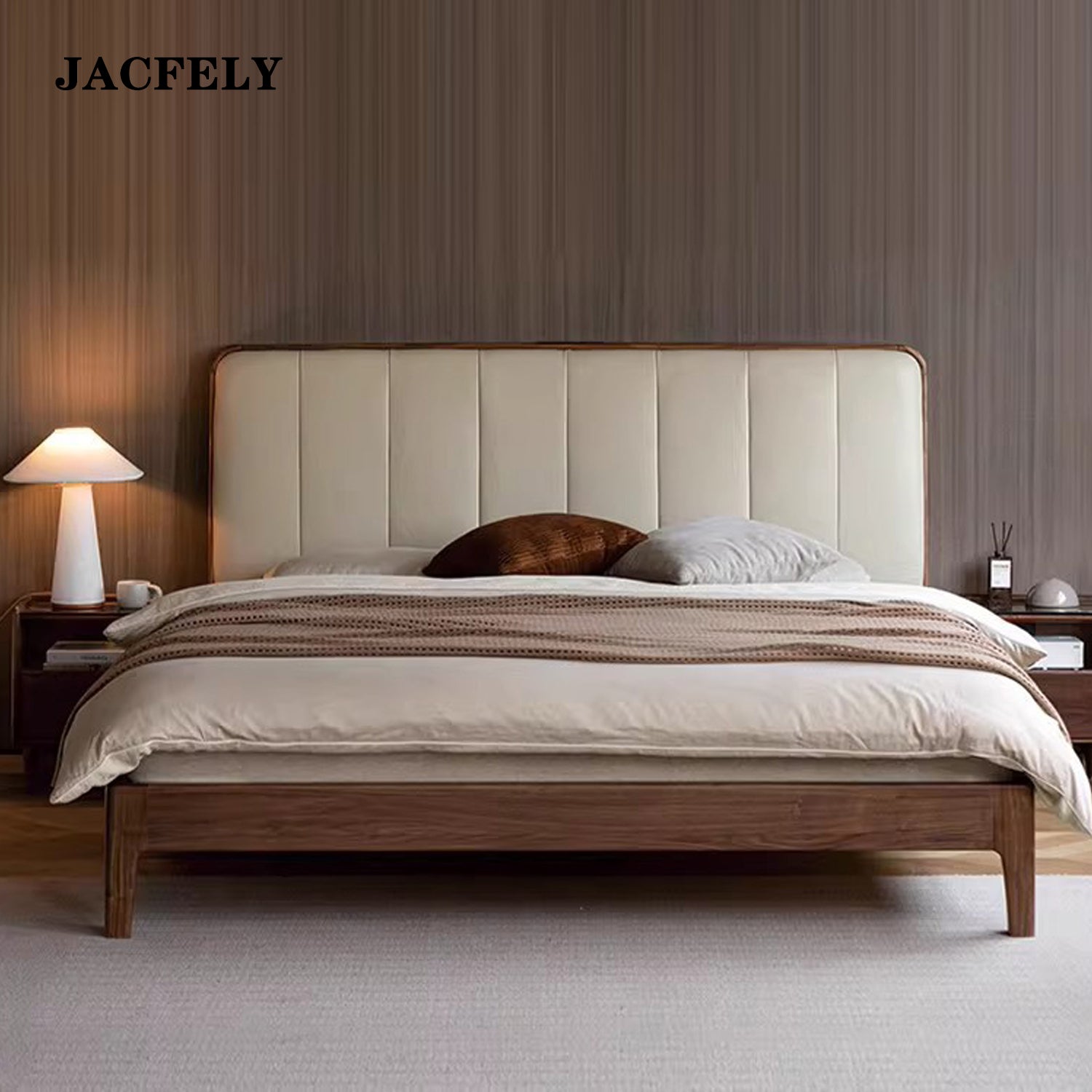 JACFELY Black Walnut Solid Wood King Size Bed, Modern Minimalist Platform Bed with Genuine Leather Upholstered Headboard for Master Bedroom