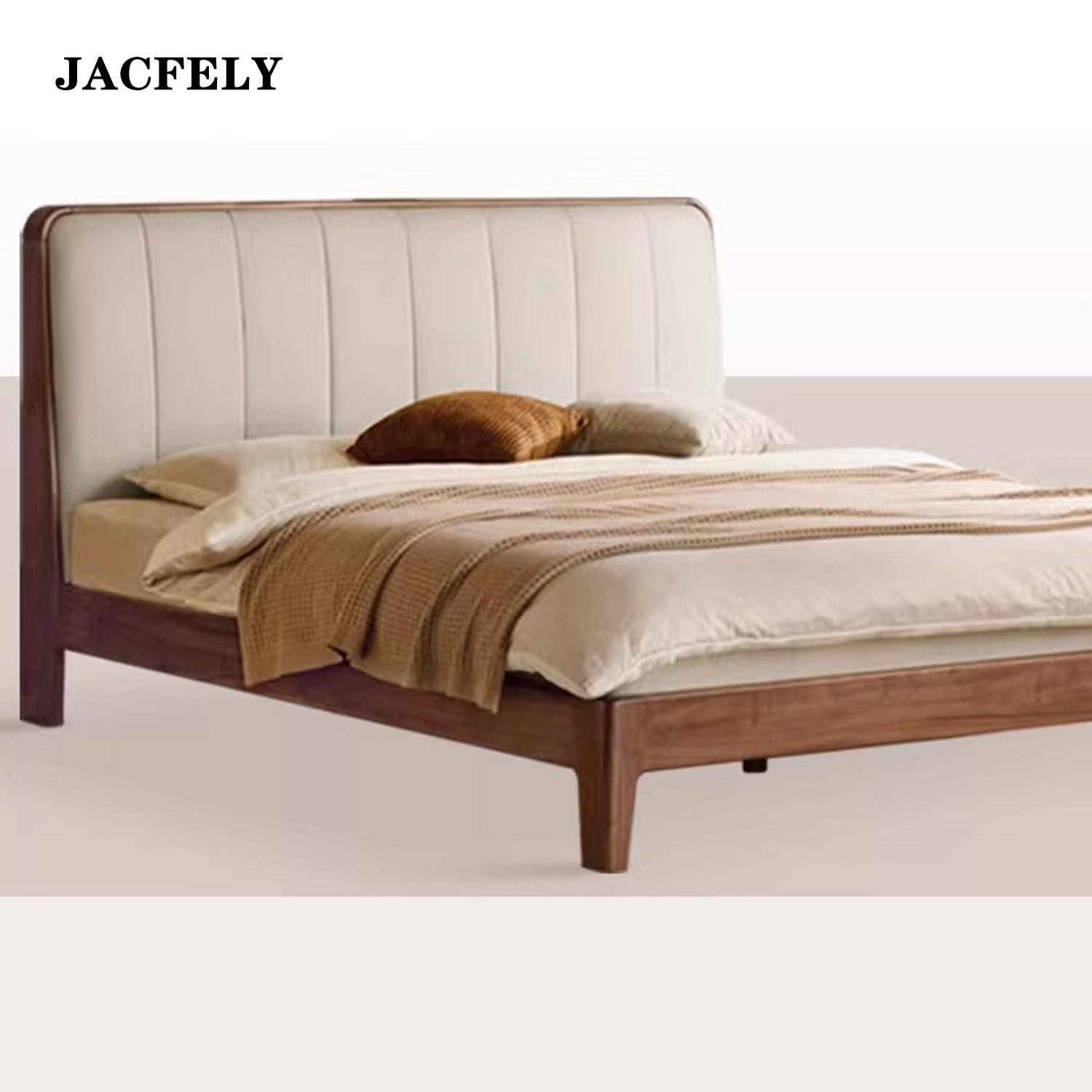 JACFELY Black Walnut Solid Wood King Size Bed, Modern Minimalist Platform Bed with Genuine Leather Upholstered Headboard for Master Bedroom