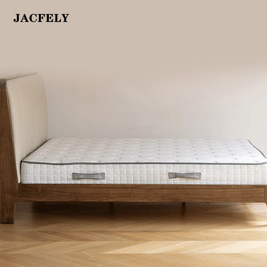 JACFELY Black Walnut Solid Wood King Size Bed, Modern Minimalist Platform Bed with Genuine Leather Upholstered Headboard for Master Bedroom