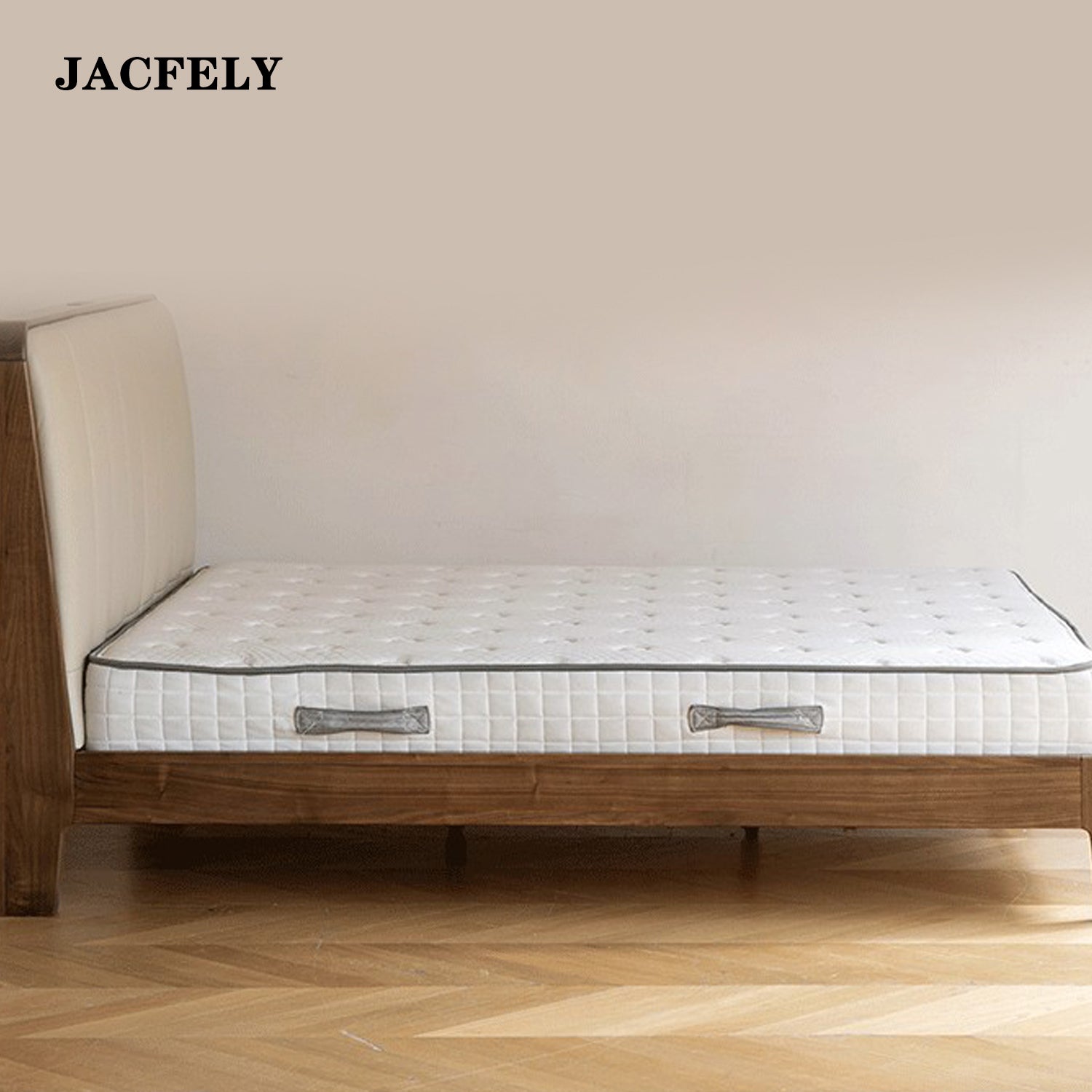 JACFELY Black Walnut Solid Wood King Size Bed, Modern Minimalist Platform Bed with Genuine Leather Upholstered Headboard for Master Bedroom
