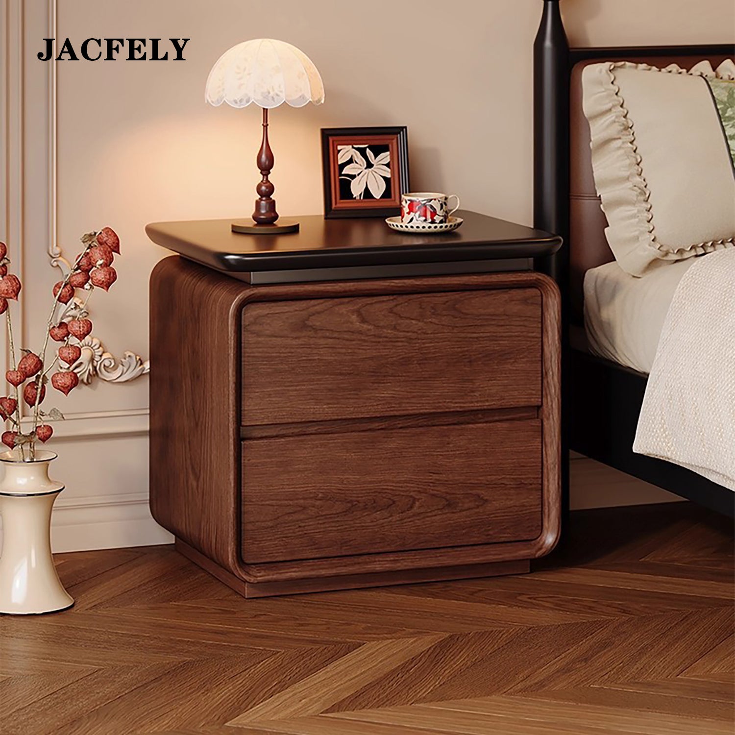 JACFELY Solid Wood Nightstand, Modern Minimalist Bedside Storage Cabinet for Bedroom