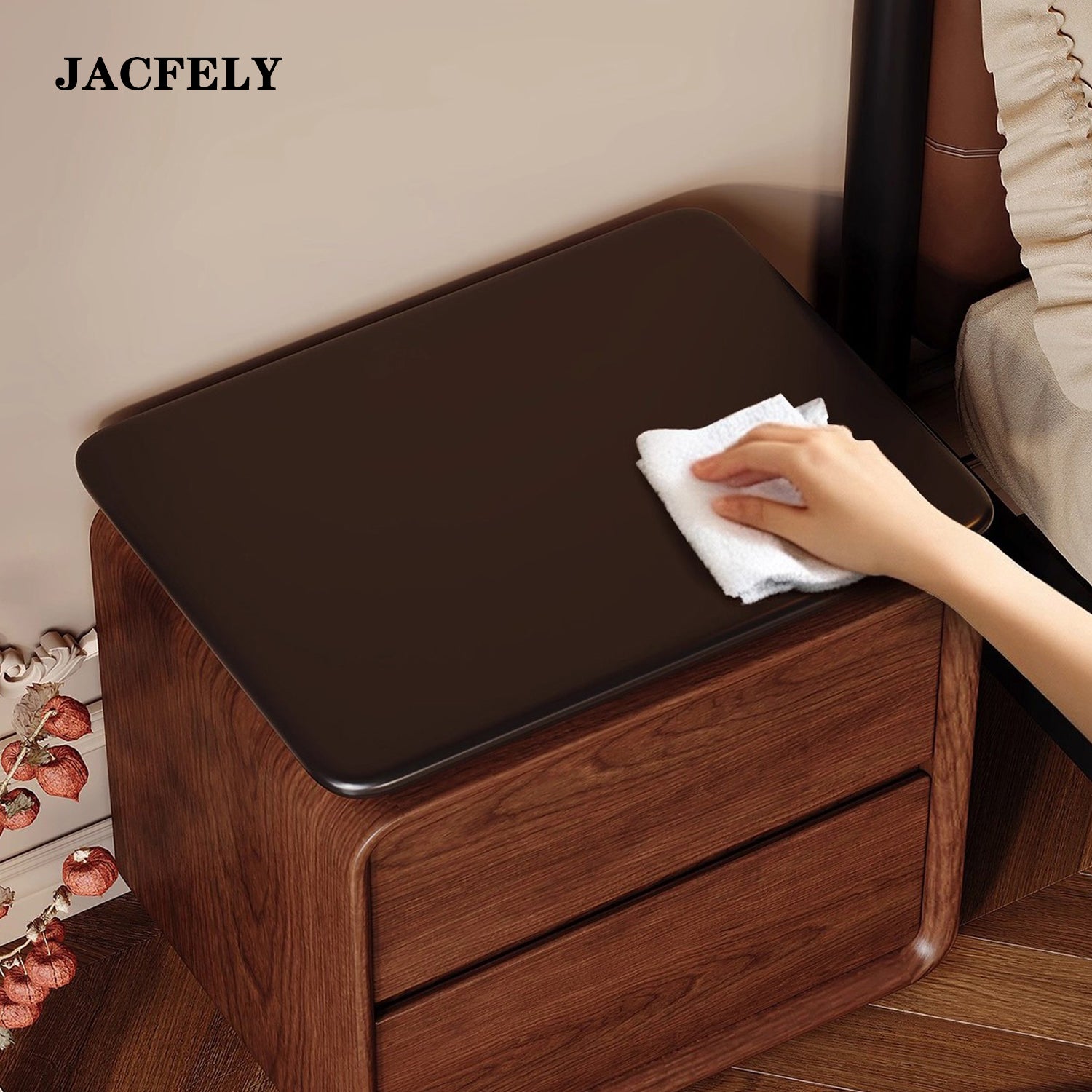 JACFELY Solid Wood Nightstand, Modern Minimalist Bedside Storage Cabinet for Bedroom