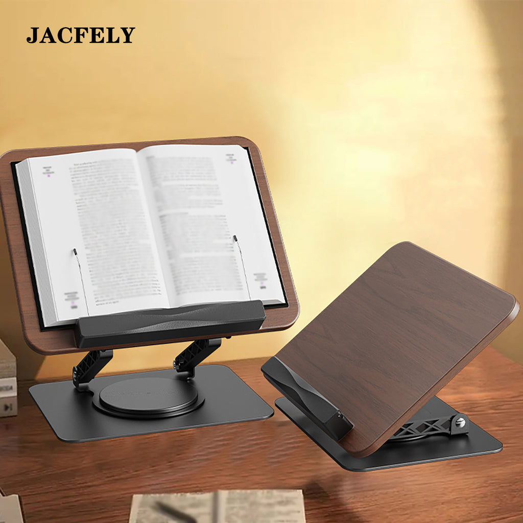 JACFELY 360° Rotating Wood Grain Reading Stand, Adjustable Book Holder