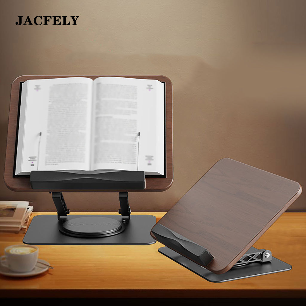 JACFELY 360° Rotating Wood Grain Reading Stand, Adjustable Book Holder