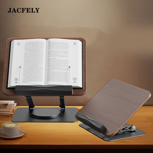 JACFELY 360° Rotating Wood Grain Reading Stand, Adjustable Book Holder