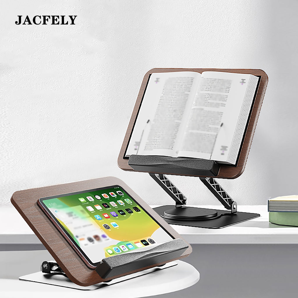 JACFELY 360° Rotating Wood Grain Reading Stand, Adjustable Book Holder