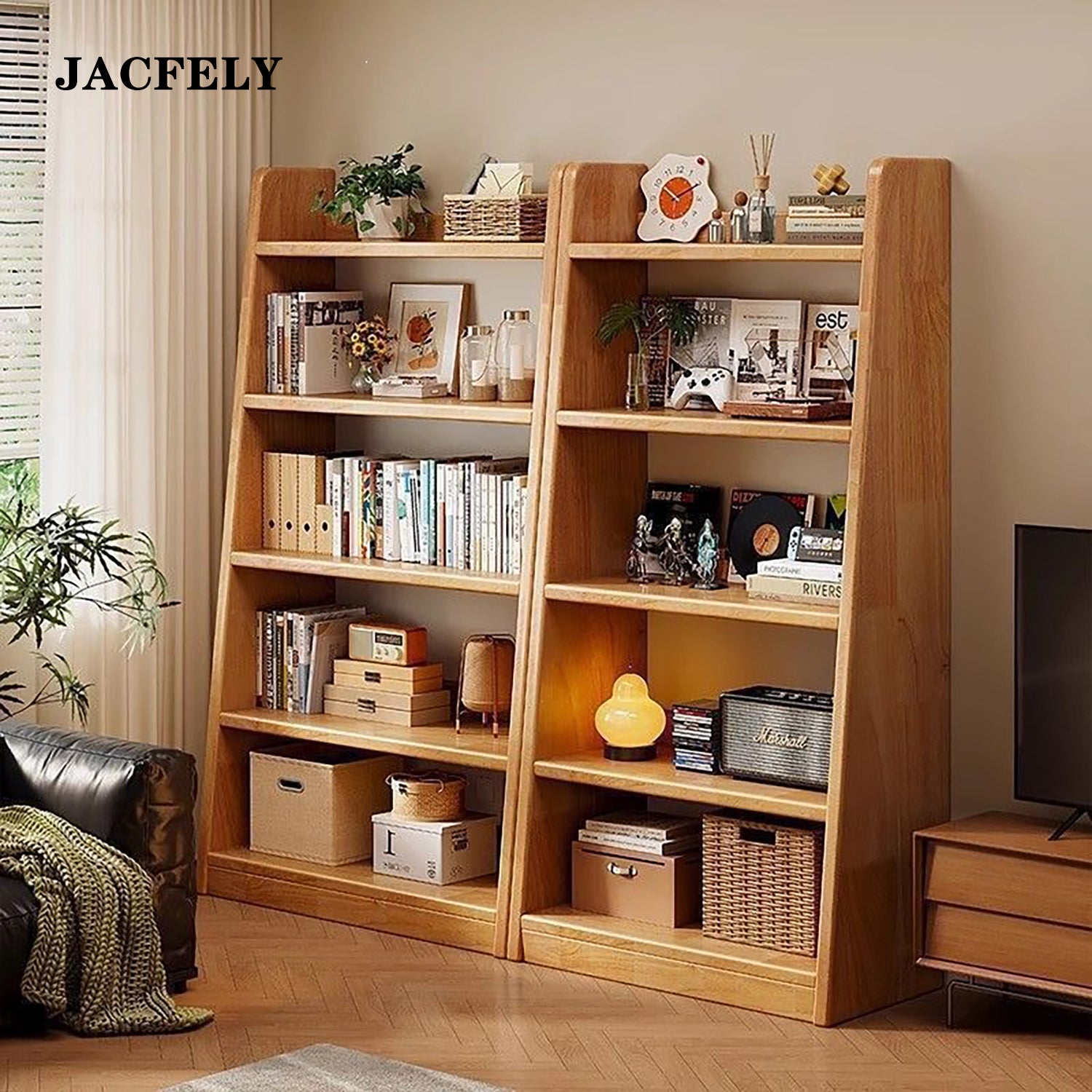 JACFELY Solid Wood Ladder Bookshelf, Freestanding 5-Tier Storage Shelf, Leaning Wall Bookcase