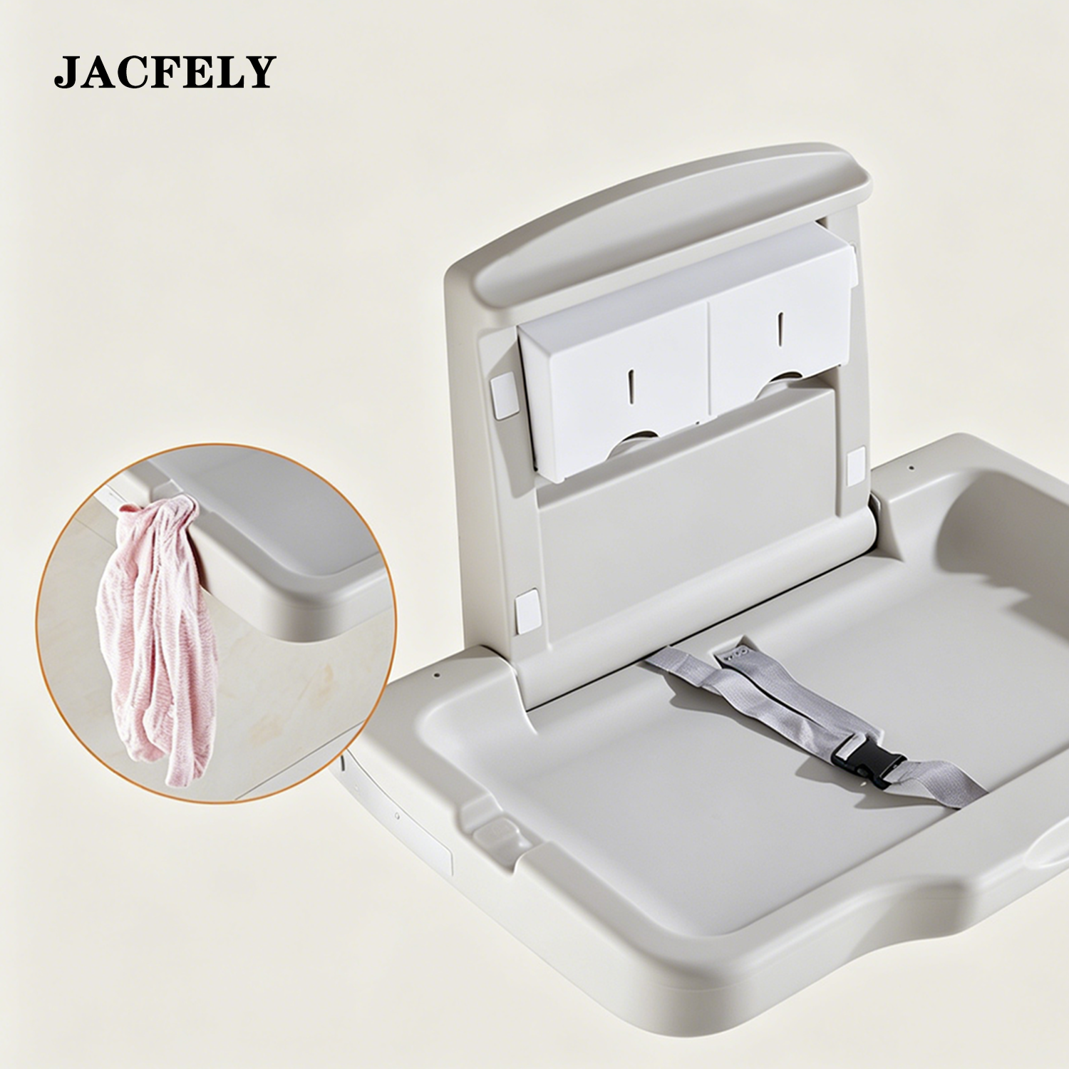 JACFELY Wall-Mounted Baby Changing Table, Fold-Down Baby Diaper Changing Station, Multi-Function Baby Care Table with Safety Belt and Storage Shelf