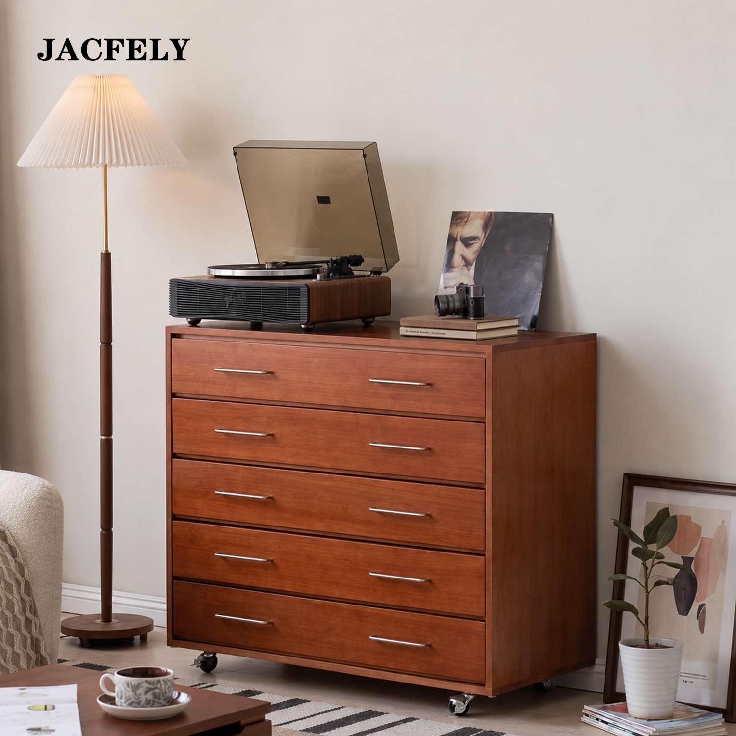 JACFELY Mid-Century Modern Chests of Drawers, 5-Drawer Wood Dresser Storage Cabinet