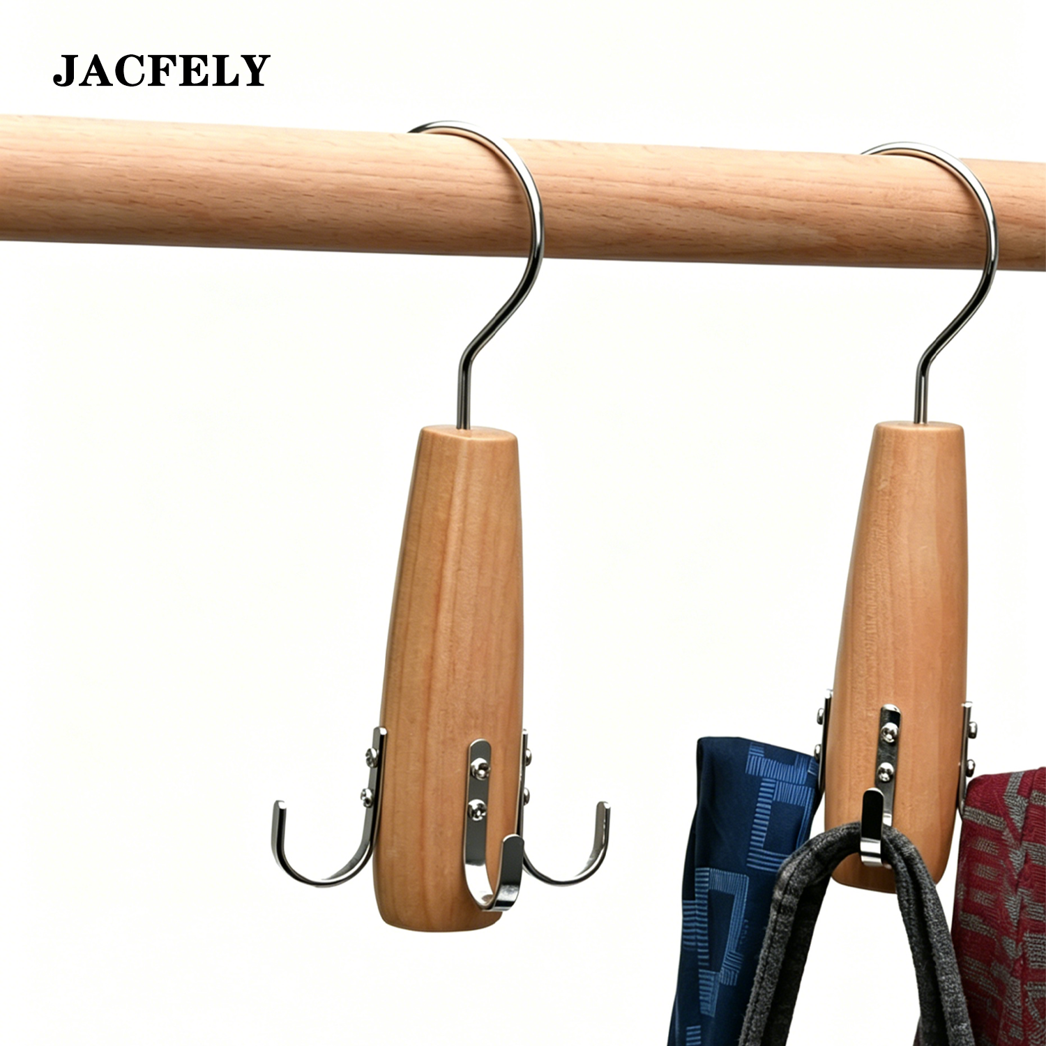 JACFELY Wooden Belt Hanger, Multi-Purpose Closet Storage Rack with Hooks