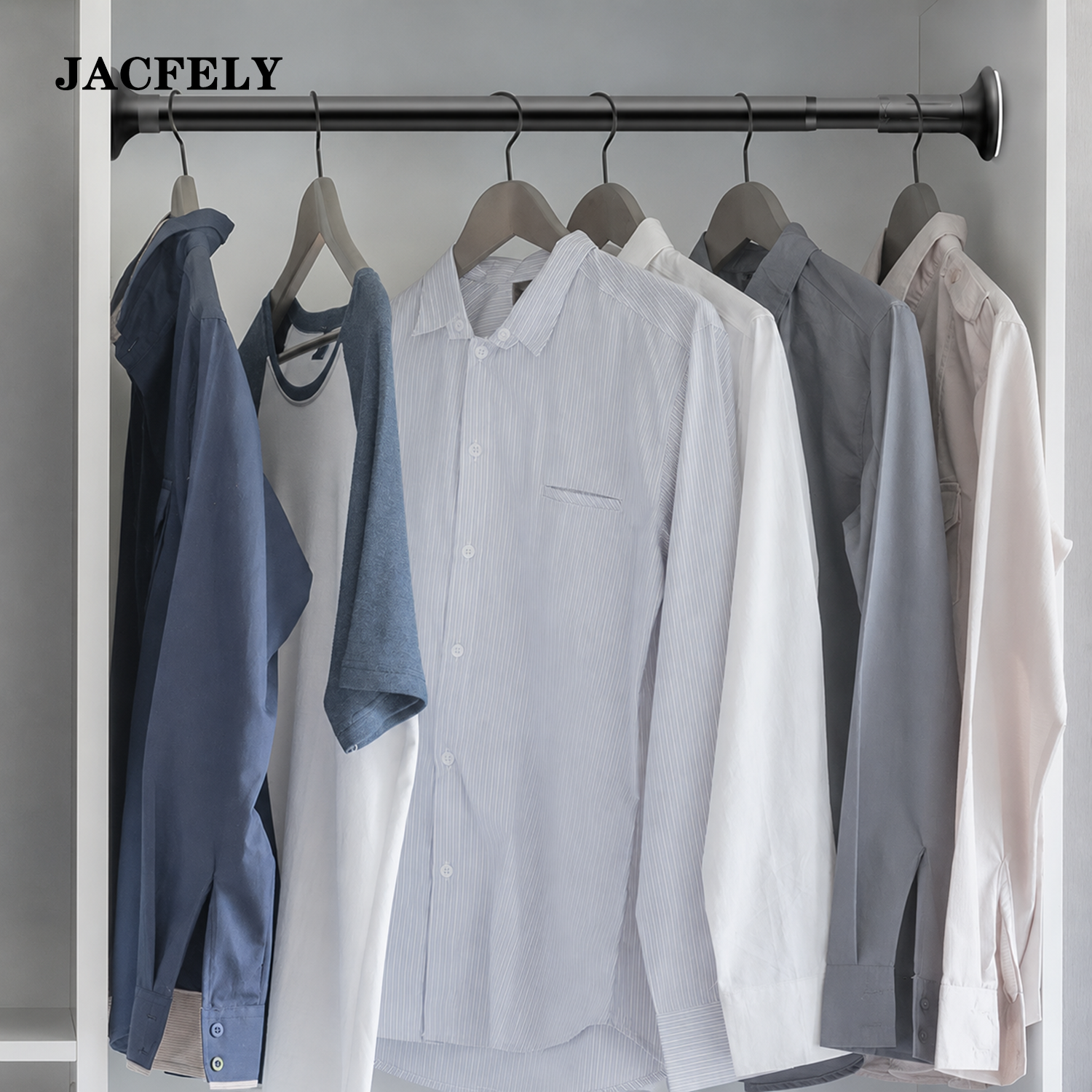 JACFELY No-Drill Adjustable Closet Rod, Telescopic Clothes Hanging Rod for Wardrobe and Closet Storage