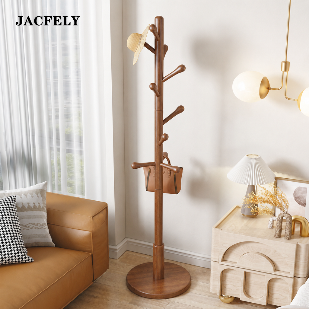 JACFELY Freestanding Beech Wood Coat Rack, Simple Standing Coat Tree with Hooks