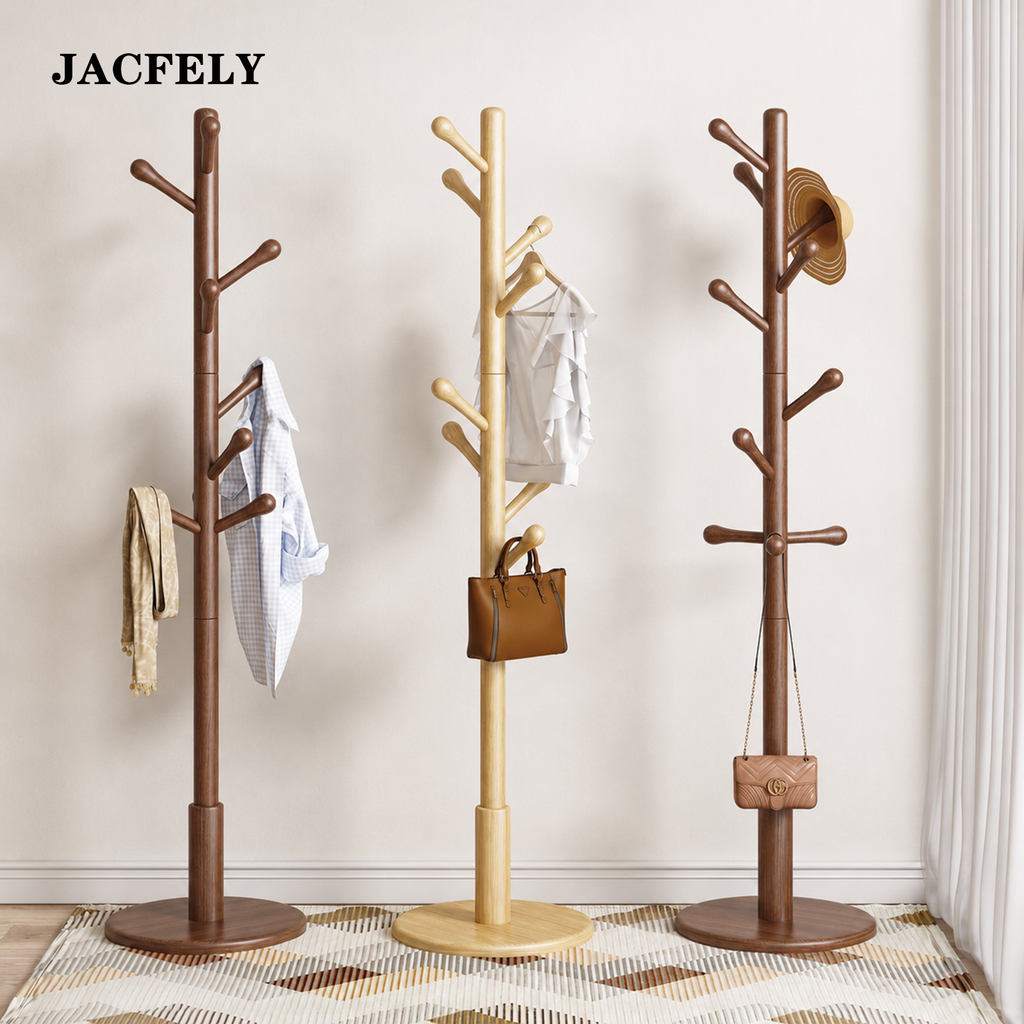 JACFELY Freestanding Beech Wood Coat Rack, Simple Standing Coat Tree with Hooks