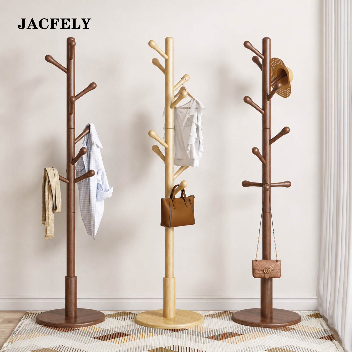 JACFELY Freestanding Beech Wood Coat Rack, Simple Standing Coat Tree with Hooks