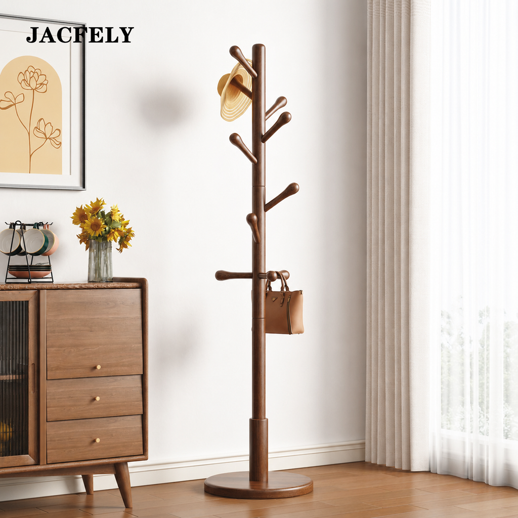 JACFELY Freestanding Beech Wood Coat Rack, Simple Standing Coat Tree with Hooks
