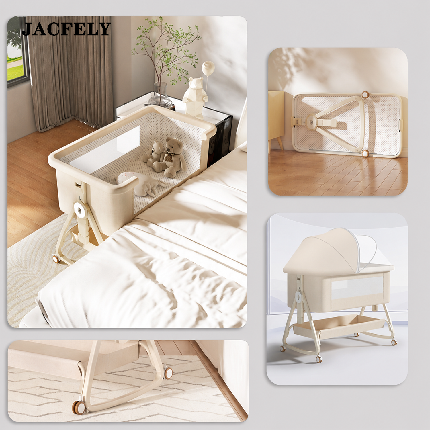 JACFELY Portable Baby Bassinet, Cots for Babies with Foldable Frame and Wheels