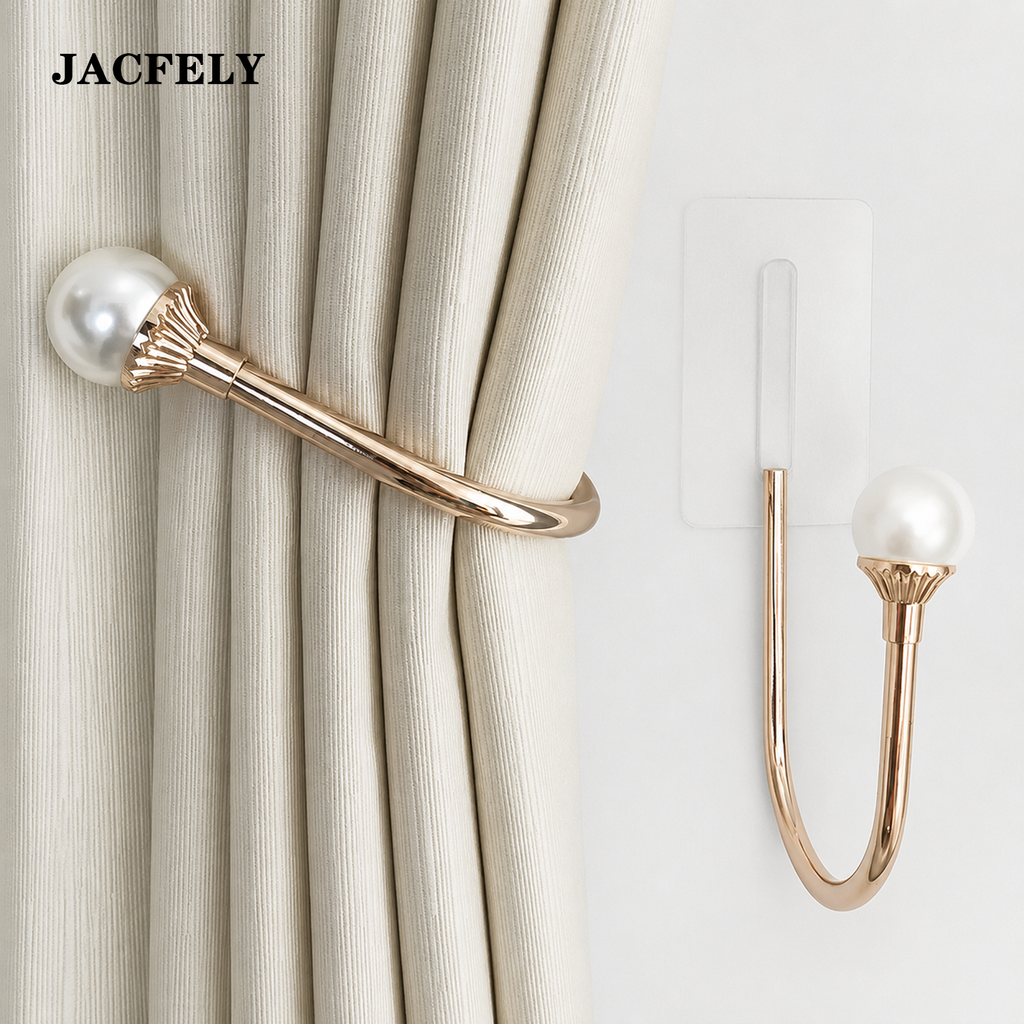 JACFELY 2-Pack No-Drill U-Shaped Pearl Curtain Holdback Hooks, Zinc Alloy Drapery Tieback Hooks for Window Curtain Storage
