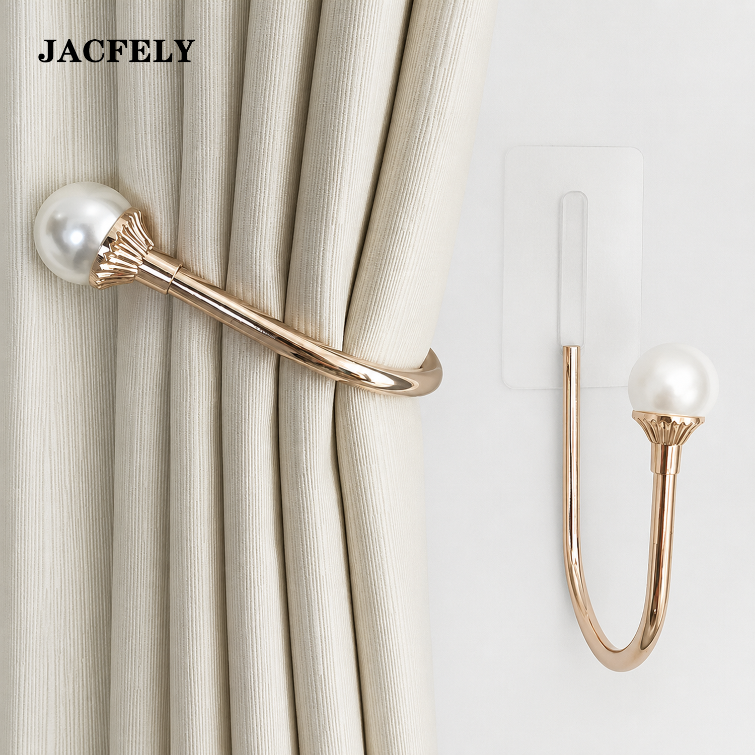 JACFELY 2-Pack No-Drill U-Shaped Pearl Curtain Holdback Hooks, Zinc Alloy Drapery Tieback Hooks for Window Curtain Storage