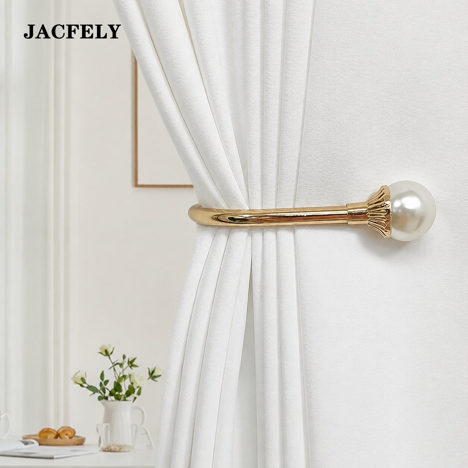 JACFELY 2-Pack No-Drill U-Shaped Pearl Curtain Holdback Hooks, Zinc Alloy Drapery Tieback Hooks for Window Curtain Storage