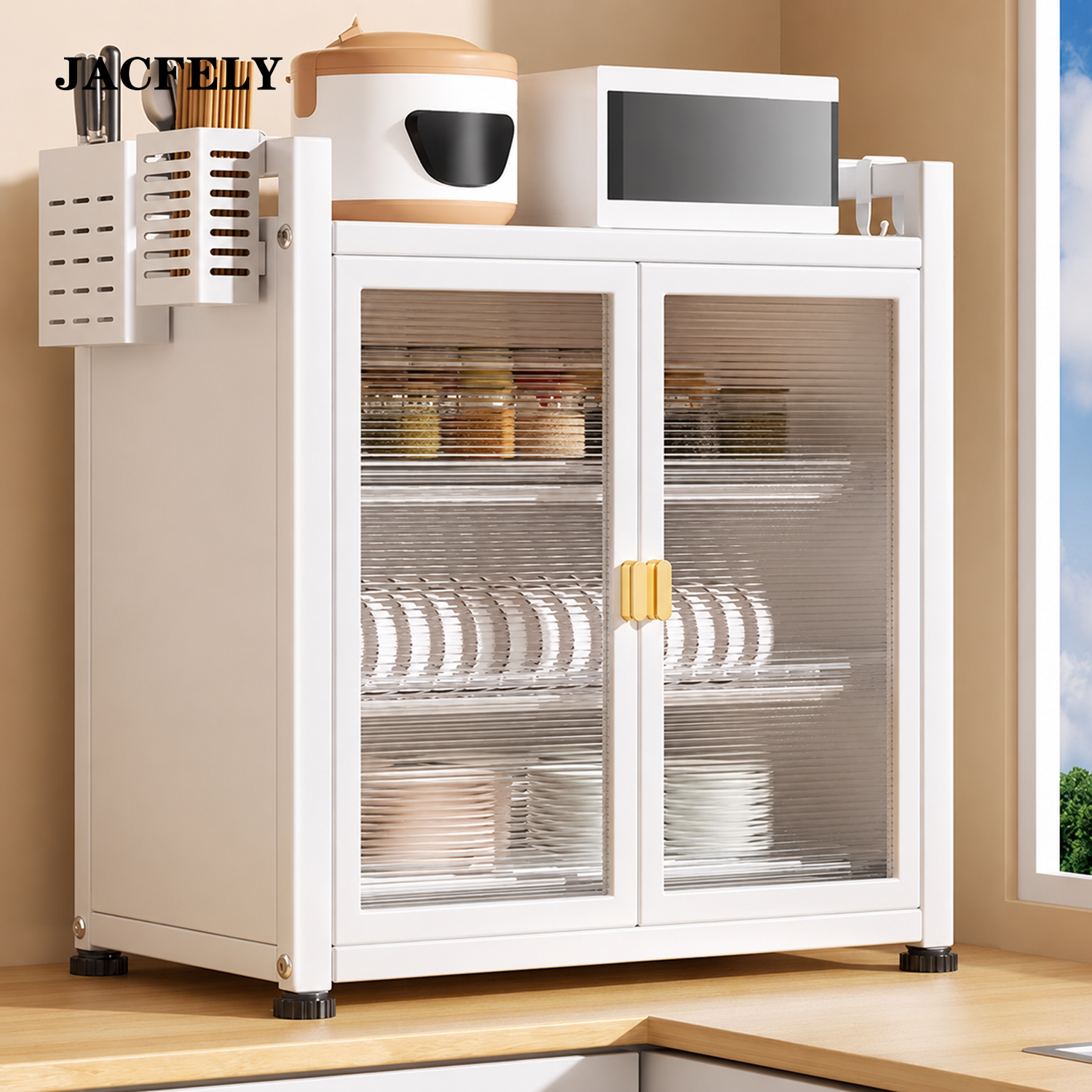 JACFELY Dish Cabinet, Kitchen Dish Storage Cabinet for Plates, Bowls, Cups and Tableware Organization