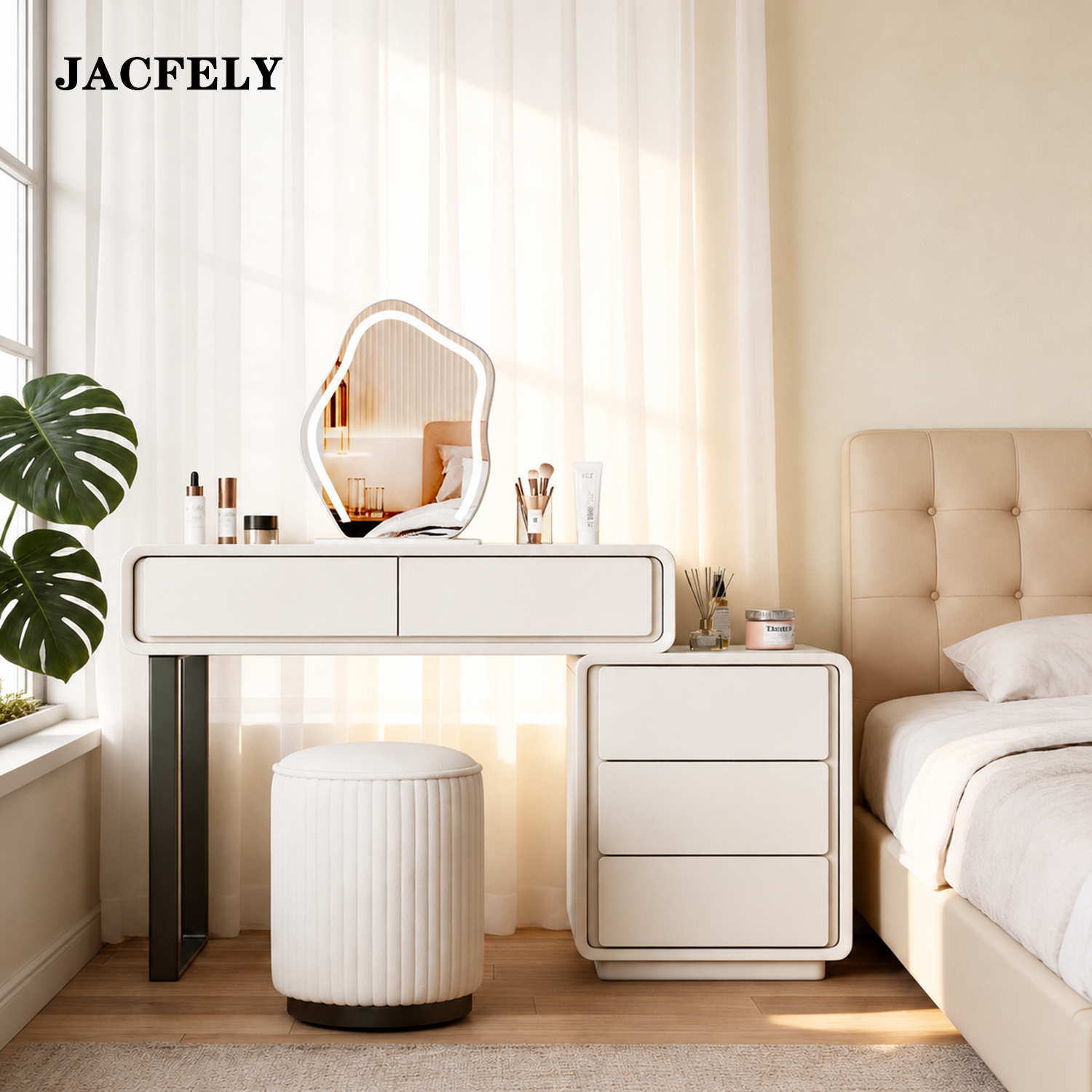 JACFELY Wood Extendable Dressers, 2-Drawer Dressing Table with 3-Drawer Storage Cabinet