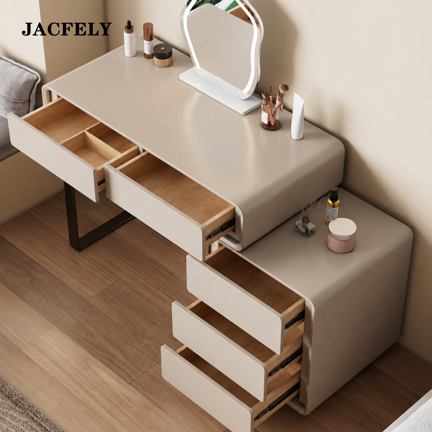 JACFELY Wood Extendable Dressers, 2-Drawer Dressing Table with 3-Drawer Storage Cabinet