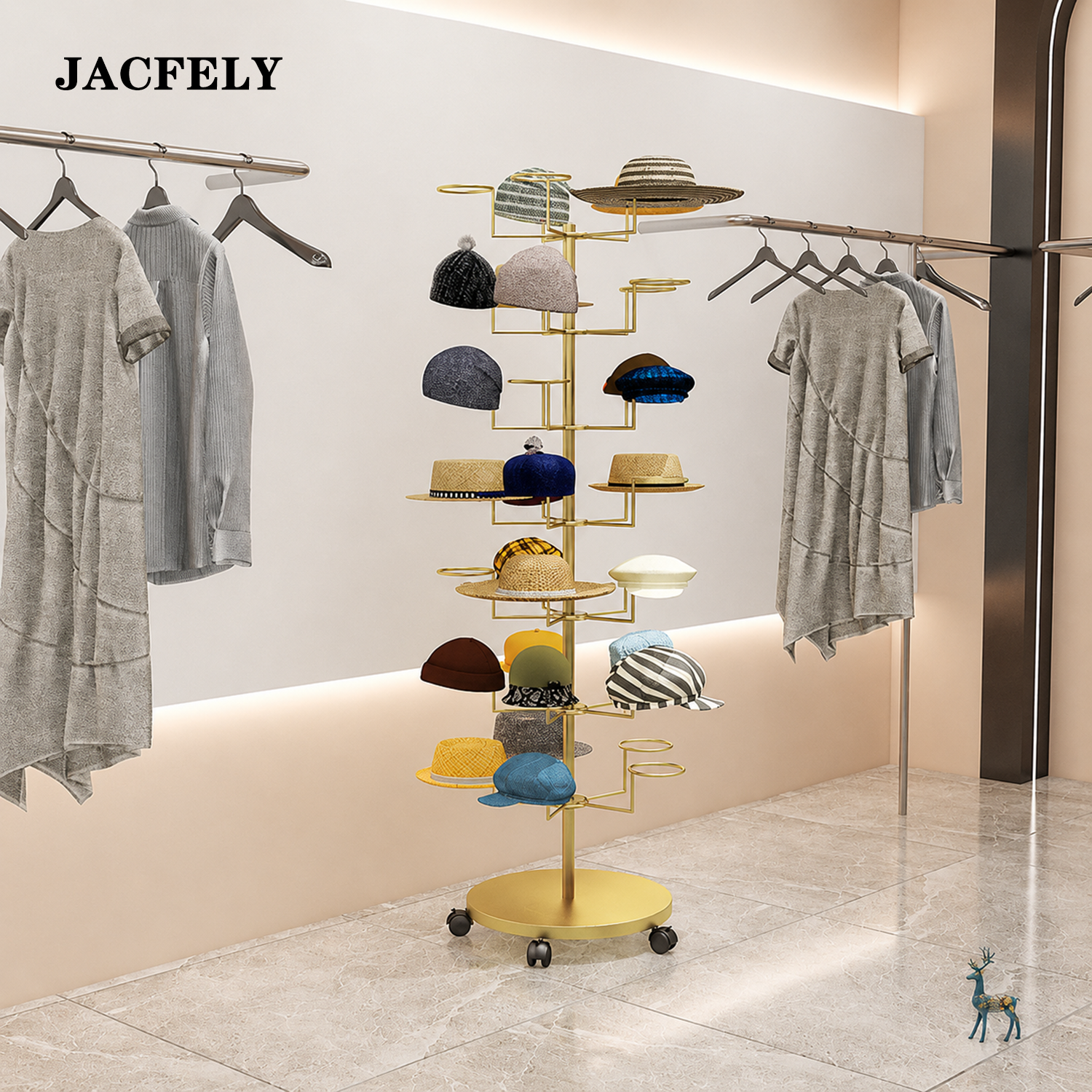 JACFELY Hat Racks with Wheels, Freestanding Metal Hat Display Stand