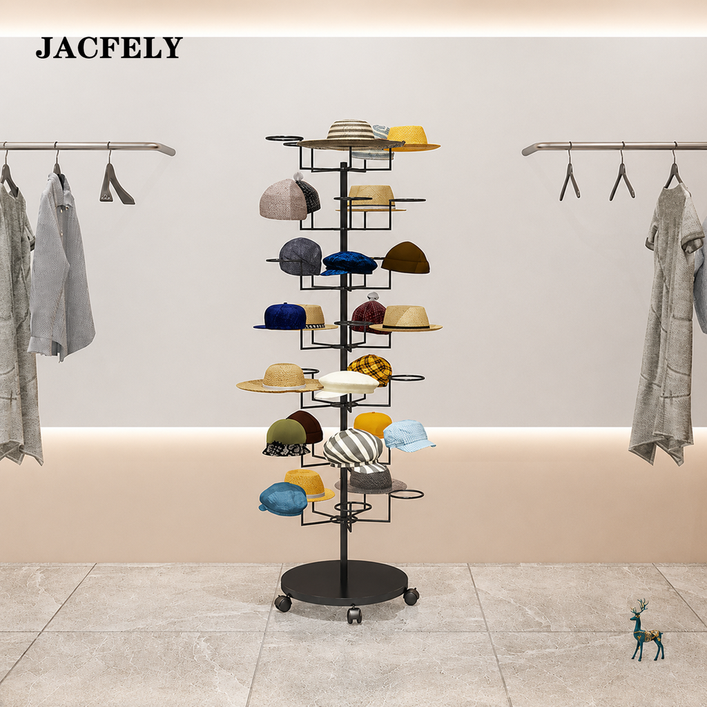 JACFELY Hat Racks with Wheels, Freestanding Metal Hat Display Stand