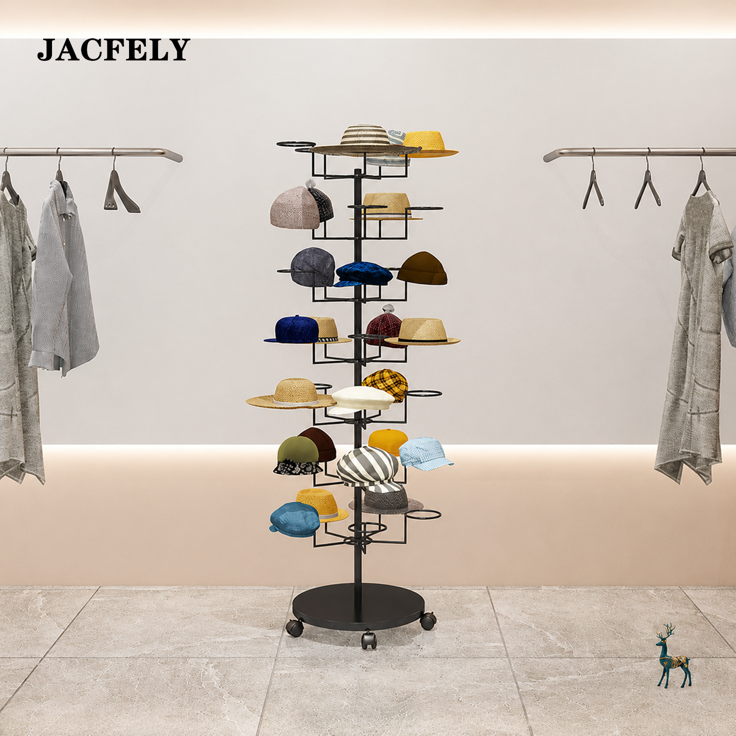 JACFELY Hat Racks with Wheels, Freestanding Metal Hat Display Stand