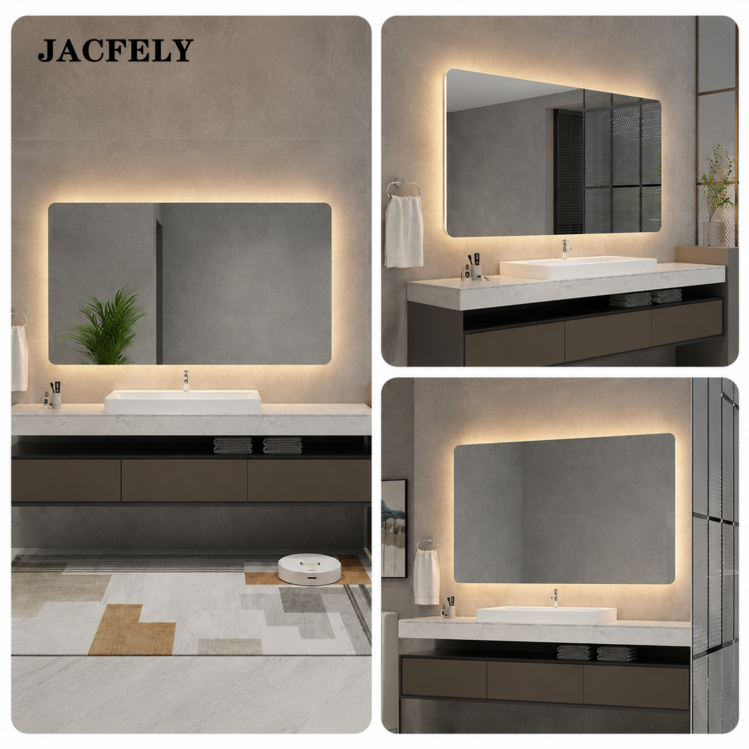 JACFELY Square LED Bathroom Mirror, Wall Mounted Lighted Vanity Mirror with Touch Control, Anti-Fog Dimmable Makeup Mirror with 3 Color Lights and Memory Function