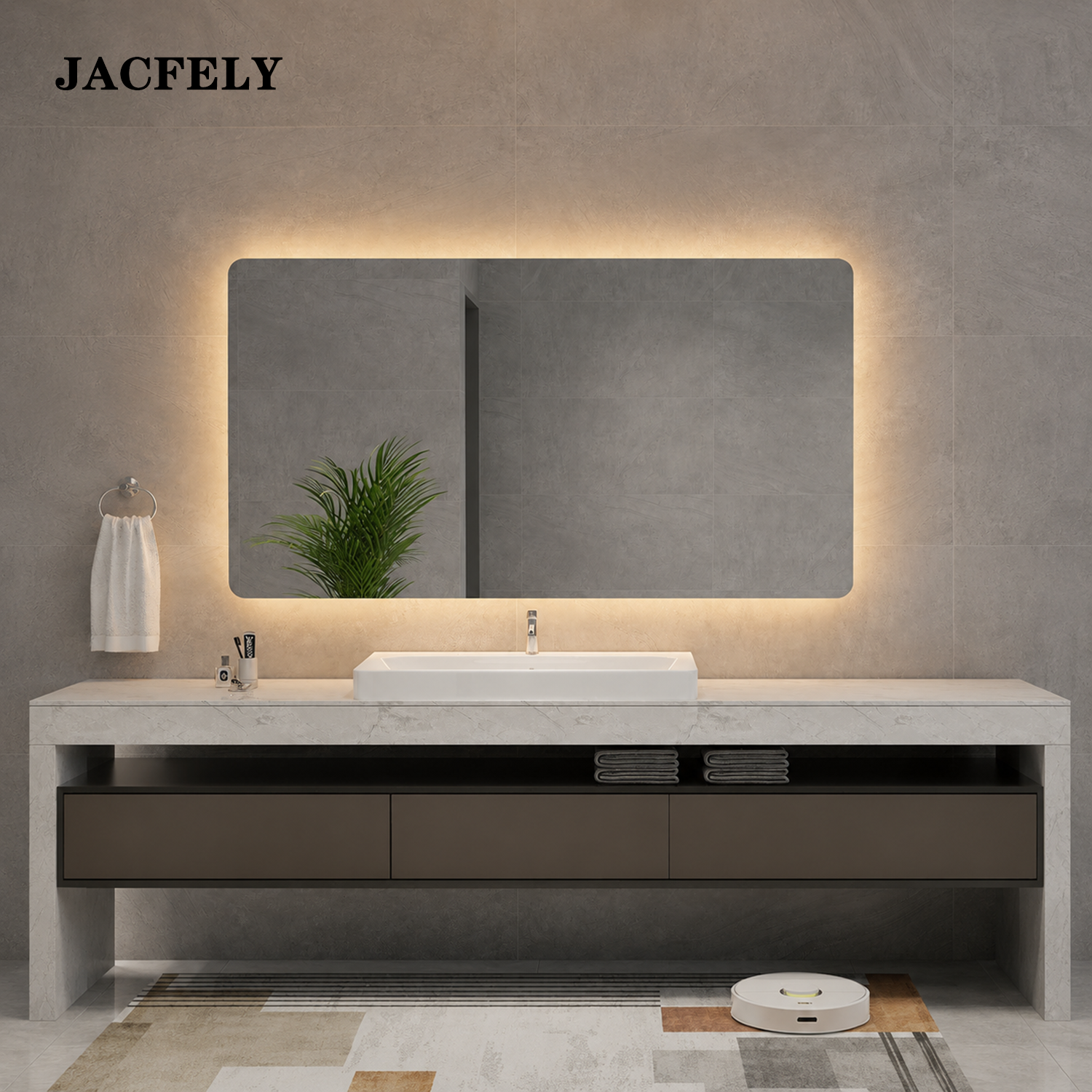 JACFELY Square LED Bathroom Mirror, Wall Mounted Lighted Vanity Mirror with Touch Control, Anti-Fog Dimmable Makeup Mirror with 3 Color Lights and Memory Function