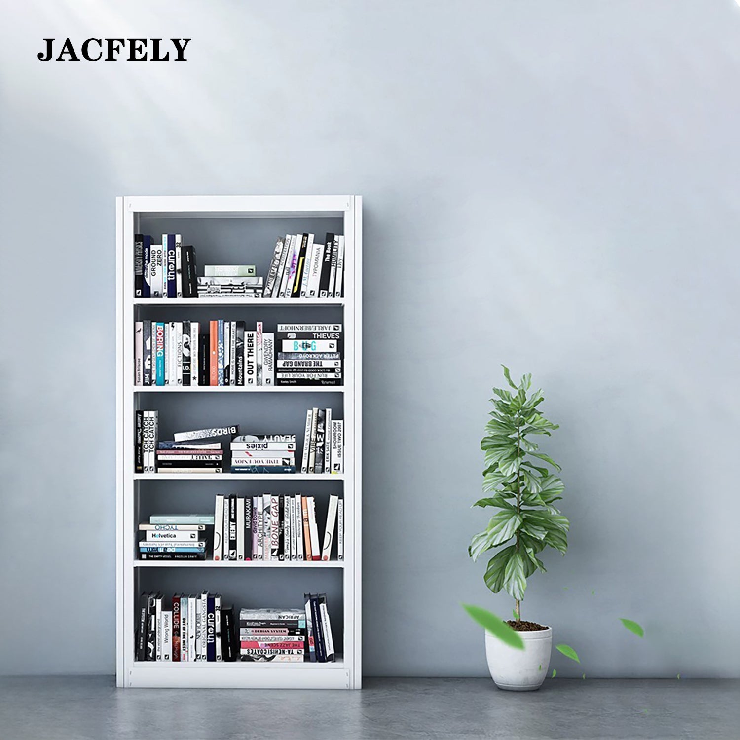 JACFELY Metal Bookshelf, Freestanding Steel Bookcase, Floor Standing Storage Shelf