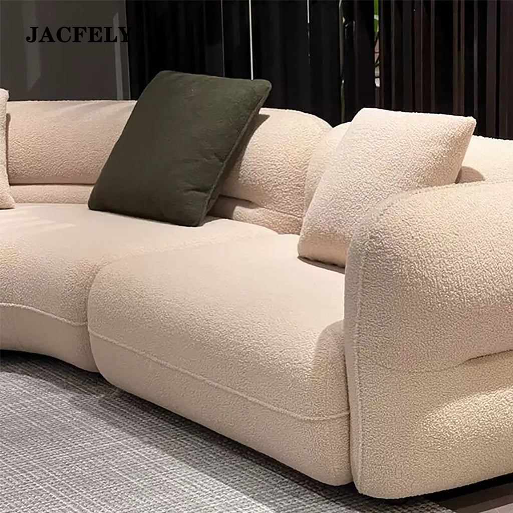 JACFELY Cream Boucle Sofa, Modern Irregular Curved Upholstered Couch