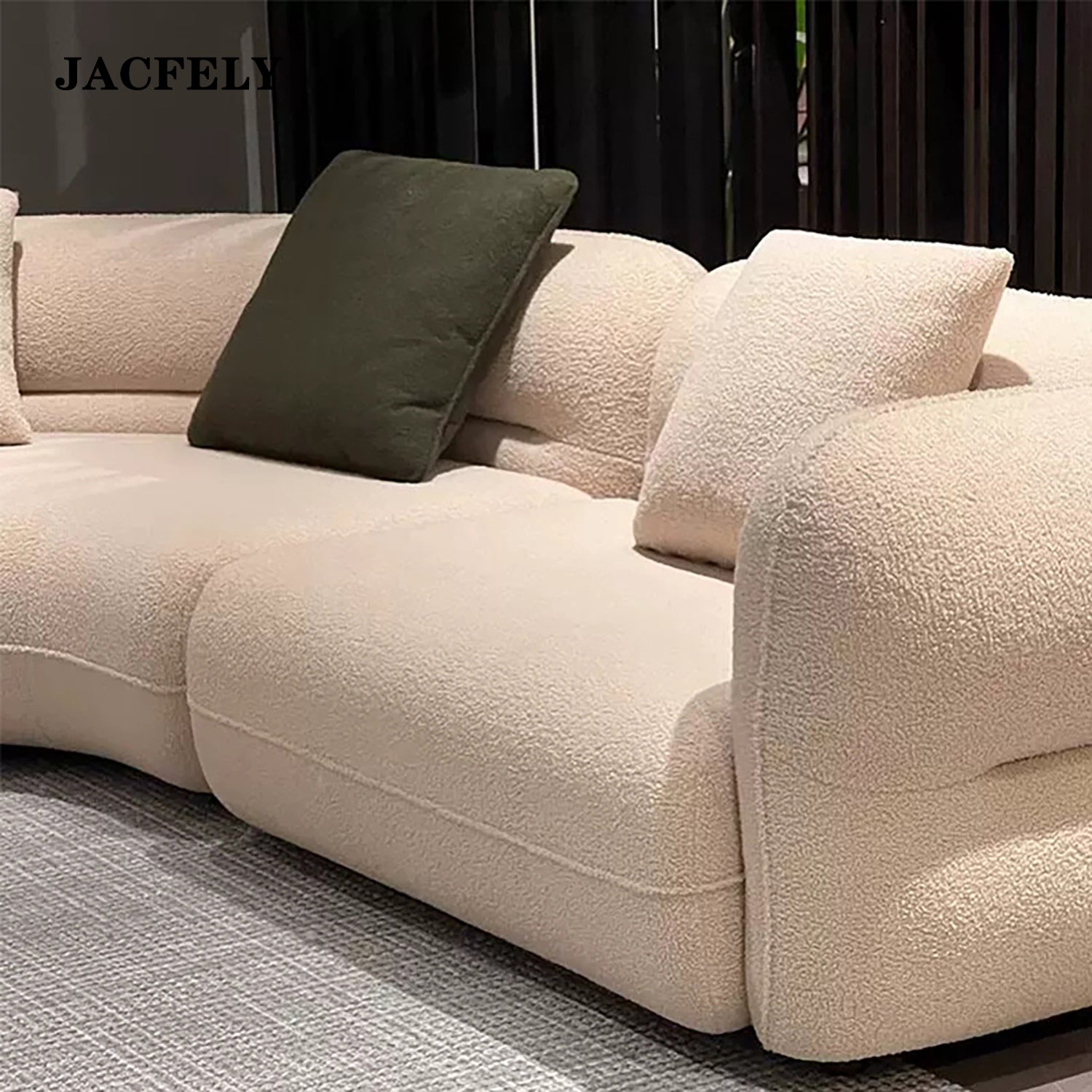 JACFELY Cream Boucle Sofa, Modern Irregular Curved Upholstered Couch