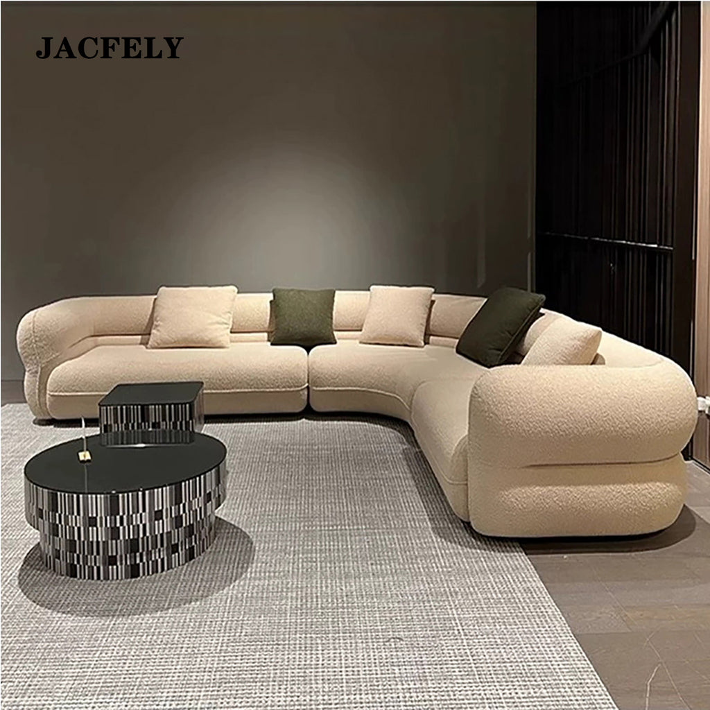 JACFELY Cream Boucle Sofa, Modern Irregular Curved Upholstered Couch