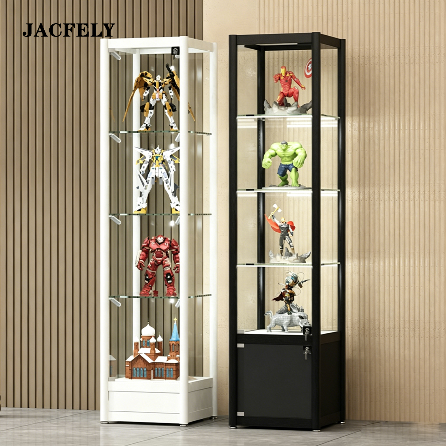 JACFELY Lockable Clear Display Cabinet , Transparent Display Case for Figures, Model Toys and Collectibles