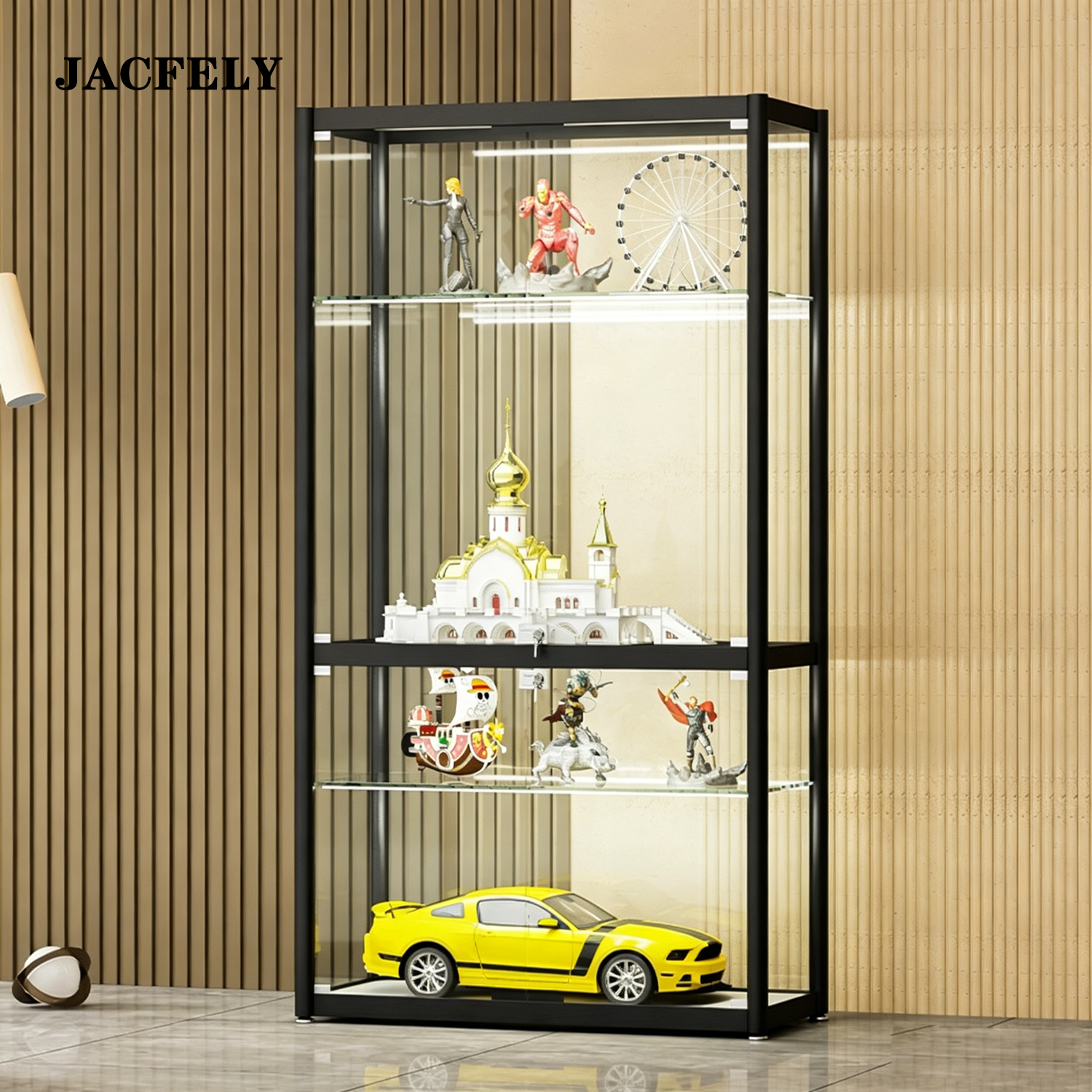 JACFELY Lockable Clear Display Cabinet , Transparent Display Case for Figures, Model Toys and Collectibles
